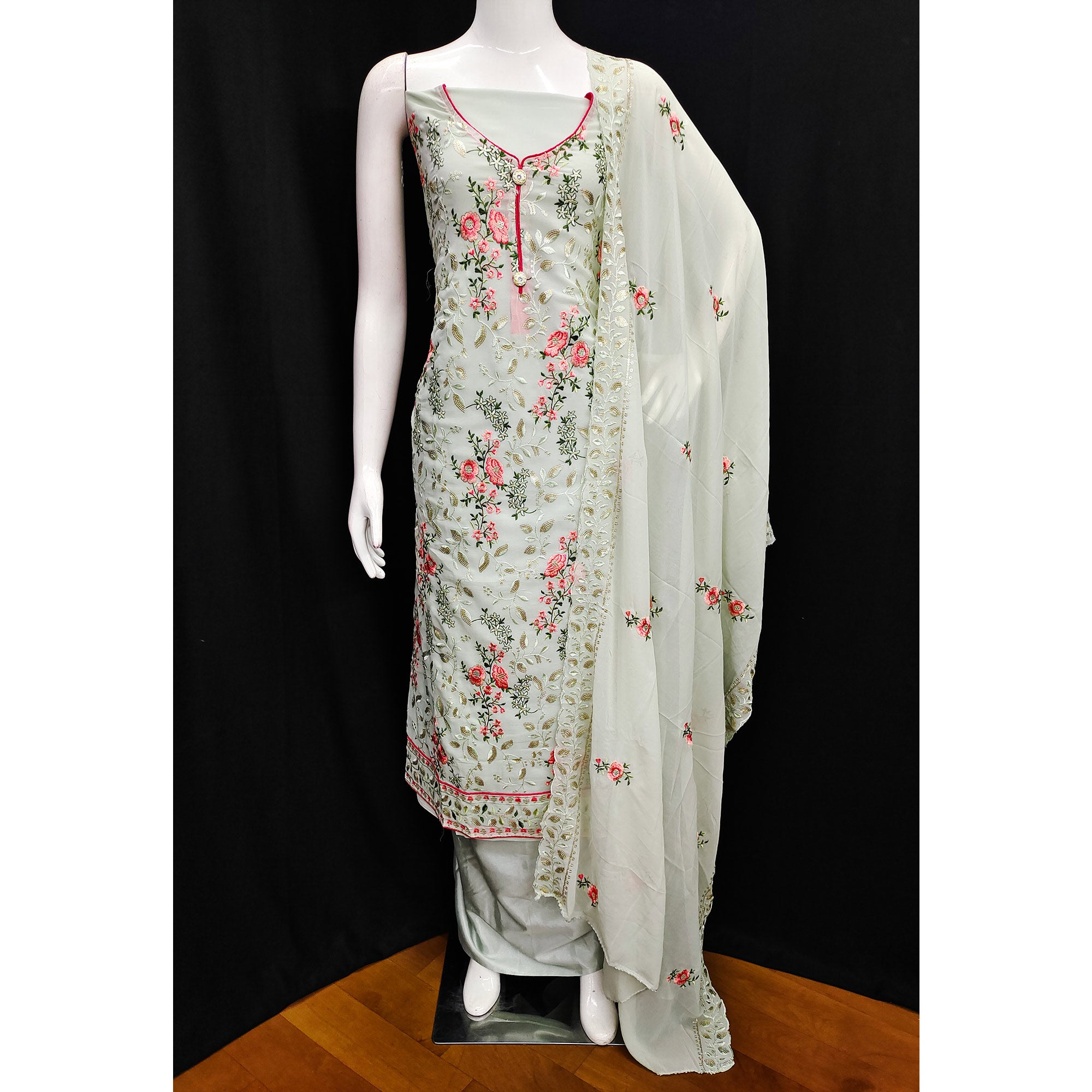 Off White Sequins Embroidered Georgette Dress Material