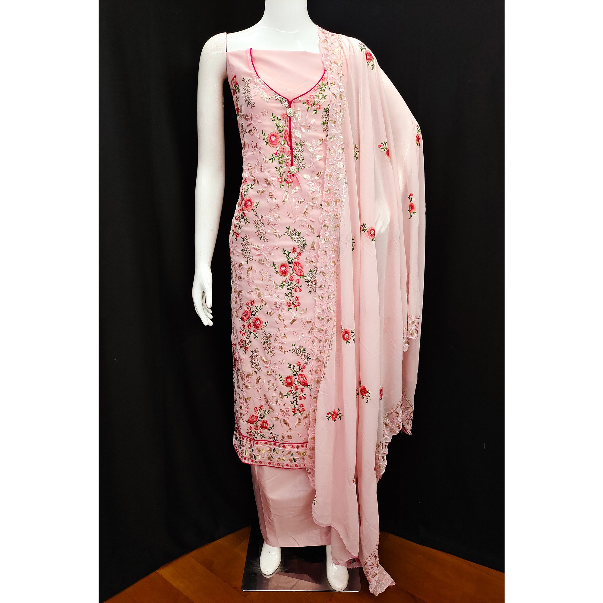 Pink Sequins Embroidered Georgette Dress Material