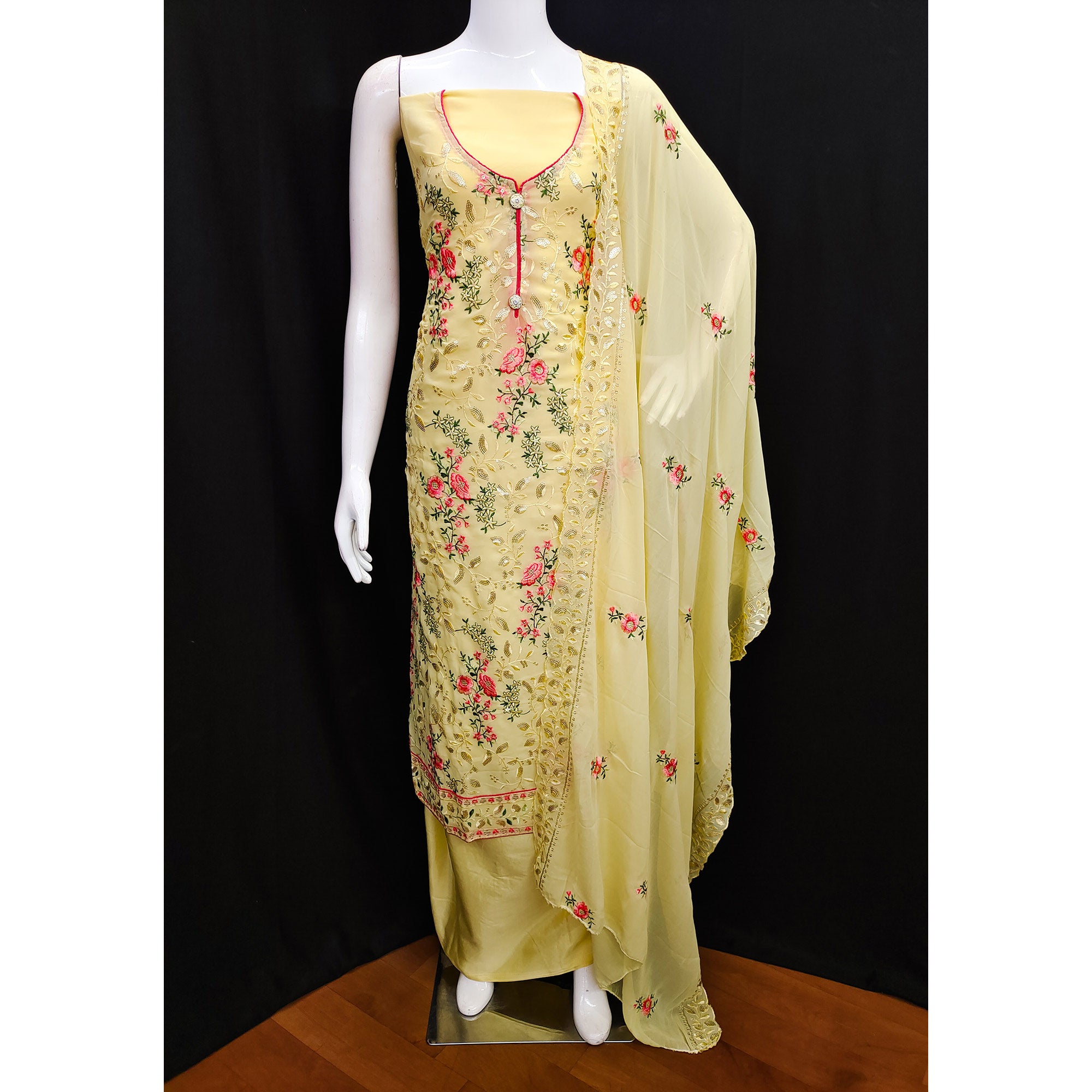 Yellow Sequins Embroidered Georgette Dress Material