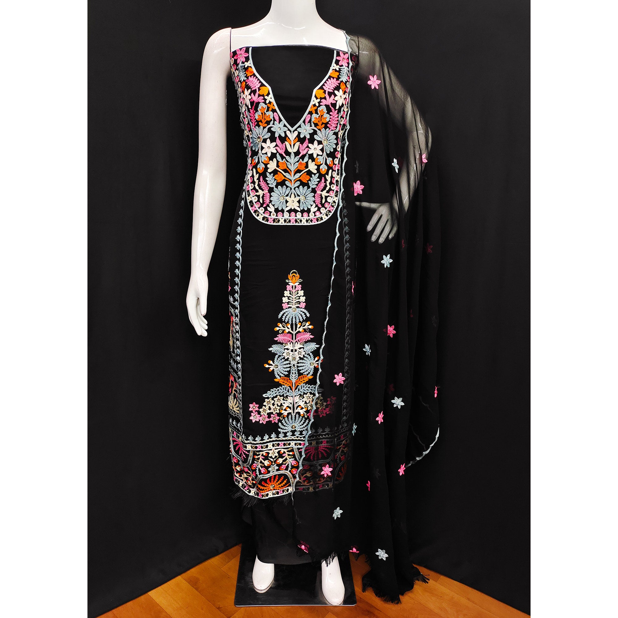 Black Floral Embroidered Georgette Dress Material