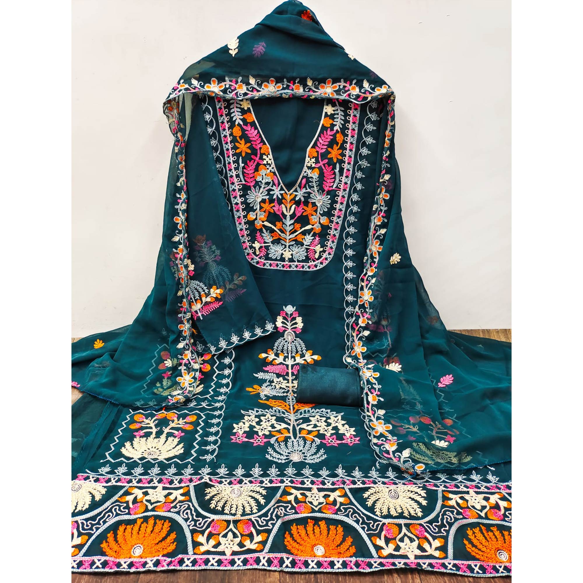 Teal Floral Embroidered Georgette Dress Material