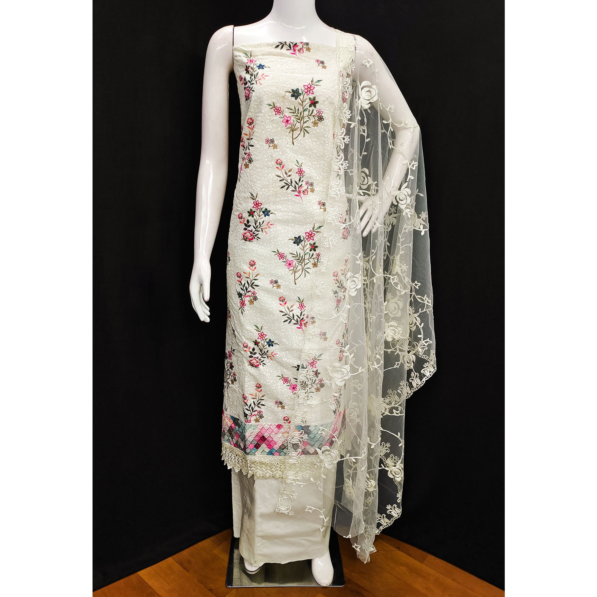 Off White Lucknowi With Printed Cotton Dress Material