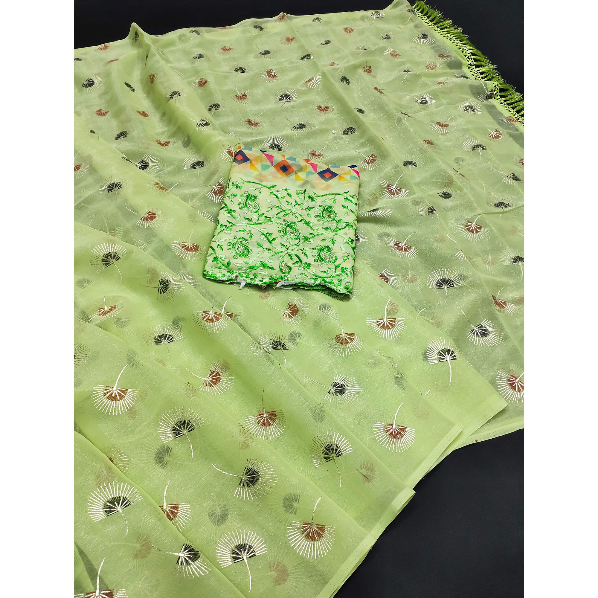 Green Floral Embroidered Chiffon Saree