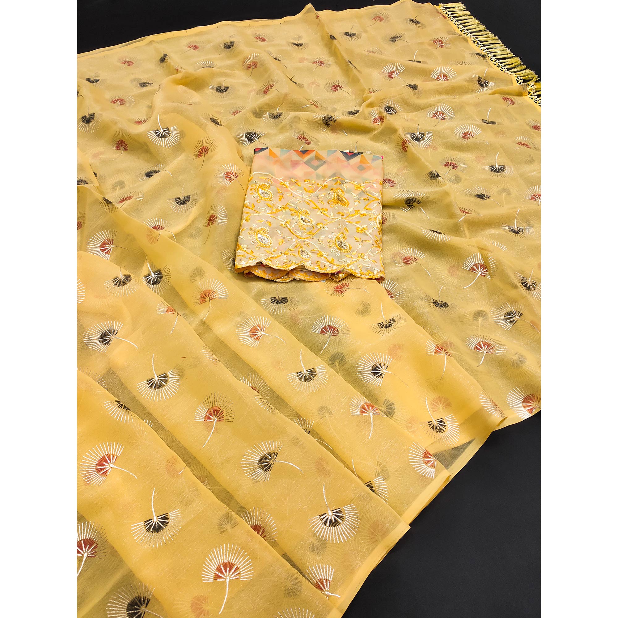Yellow Floral Embroidered Chiffon Saree