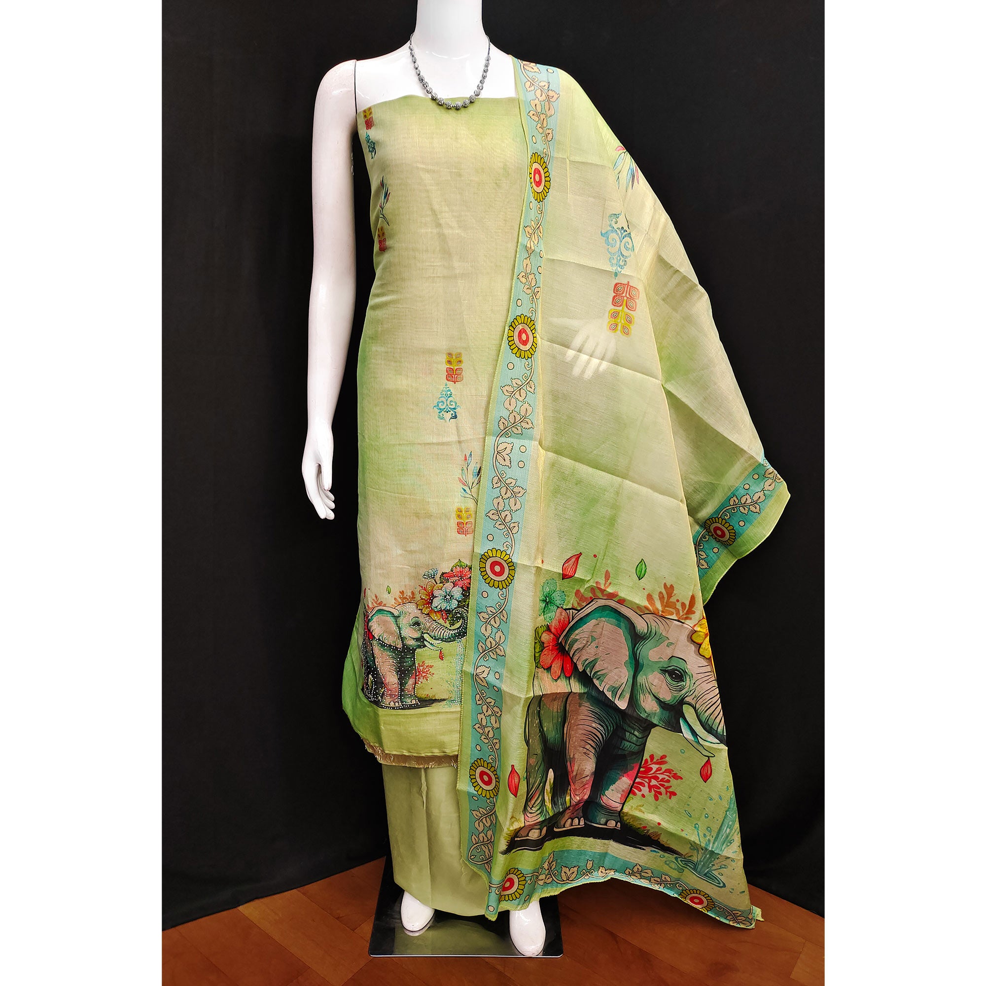 Green Digital Printed Tussar Silk Dress Material