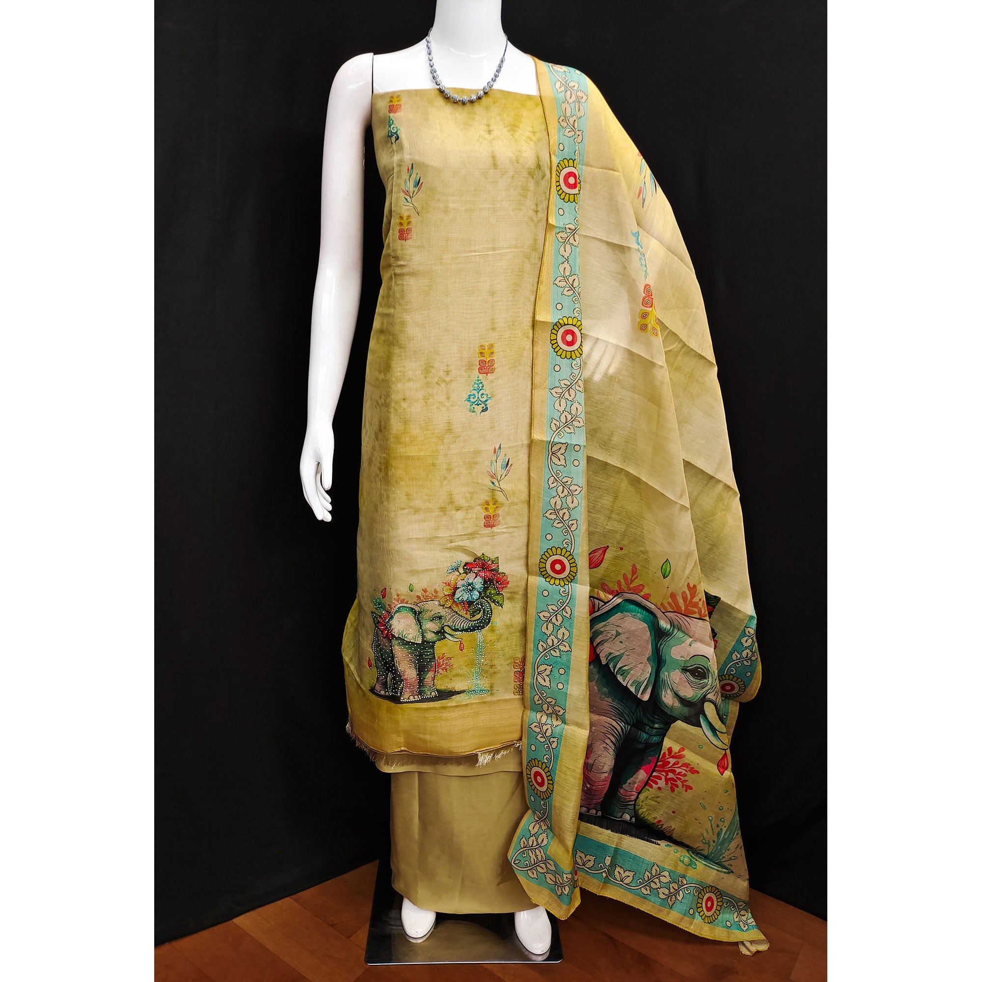 Yellow Digital Printed Tussar Silk Dress Material