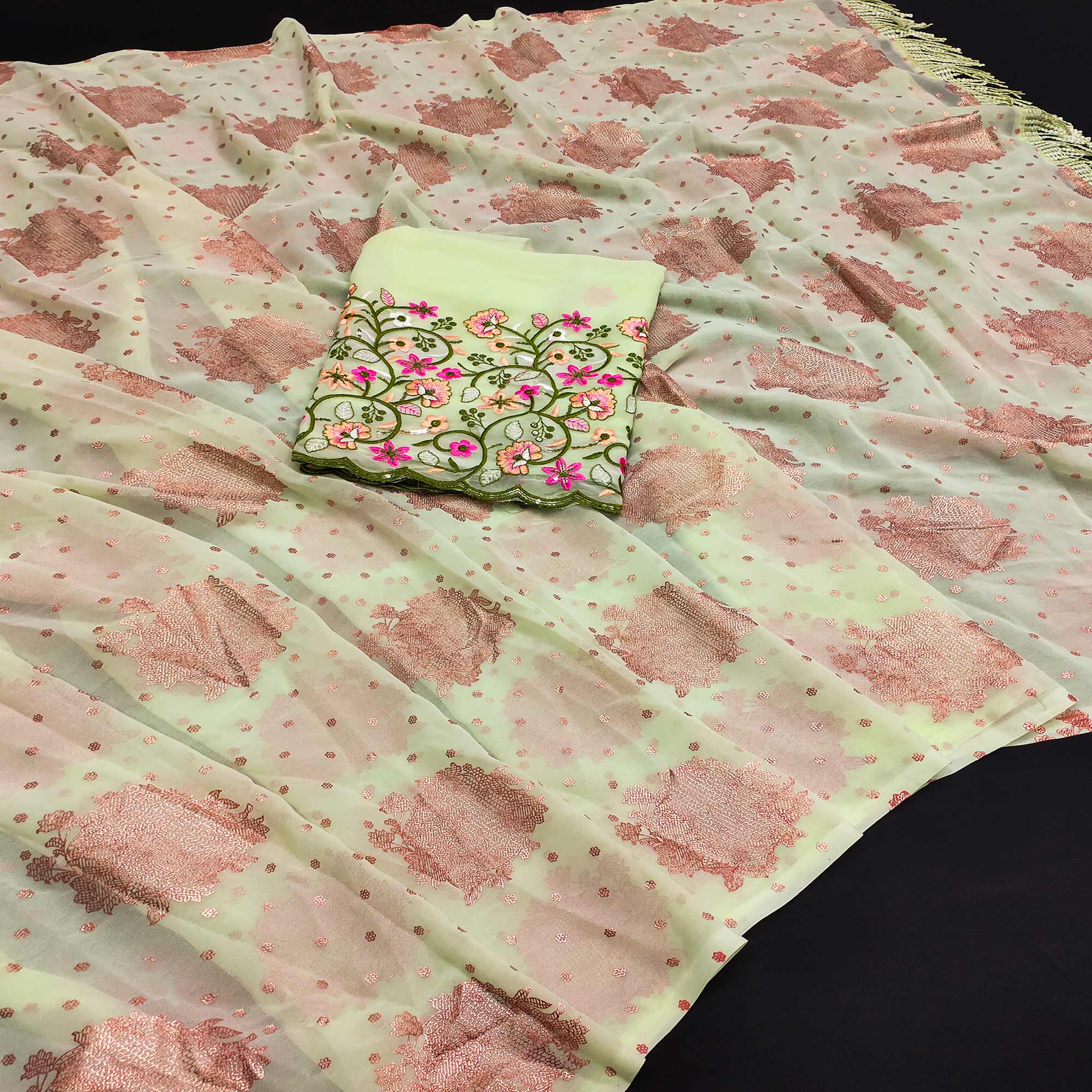 Green Floral Printed Georgette Saree