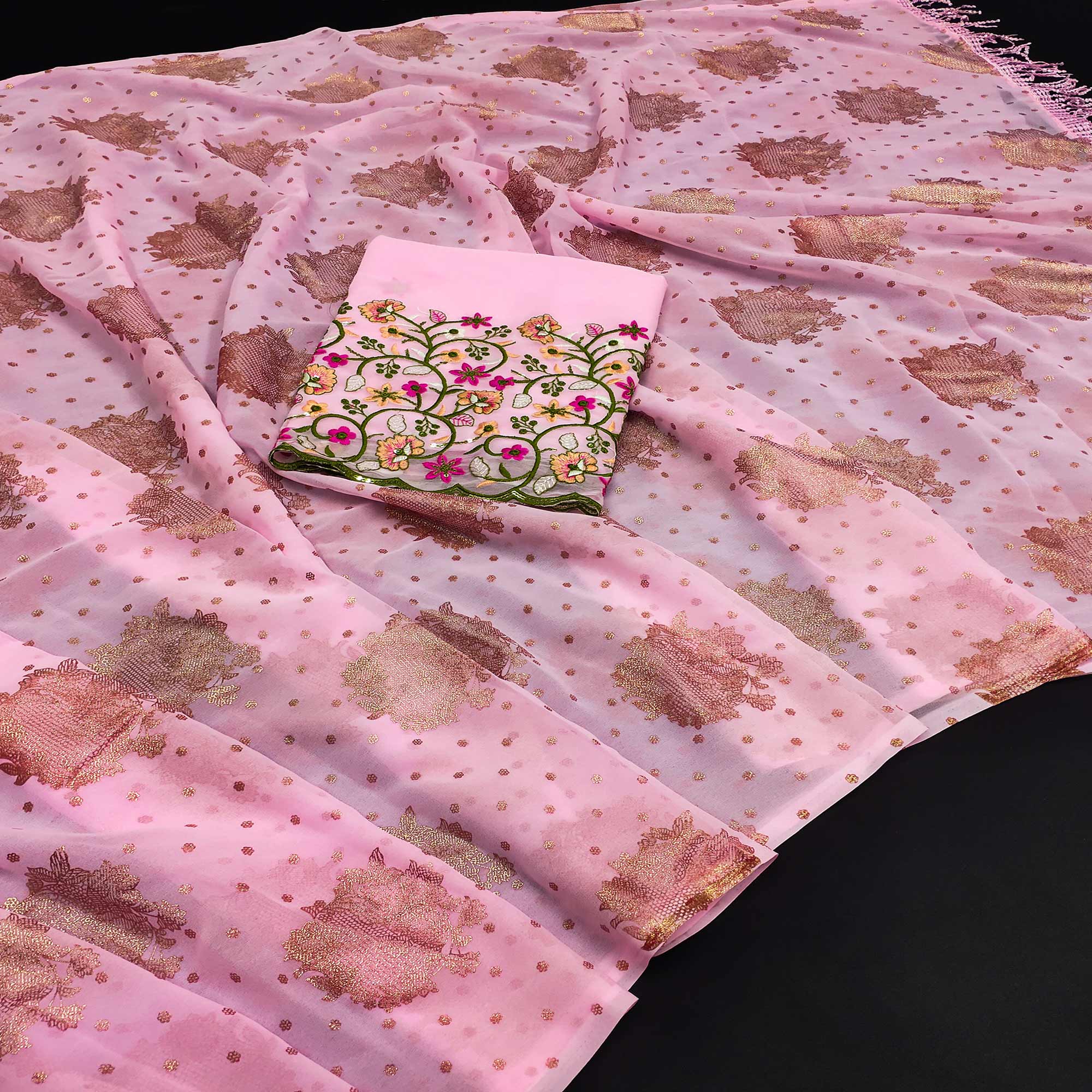 Pink Floral Printed Georgette Saree