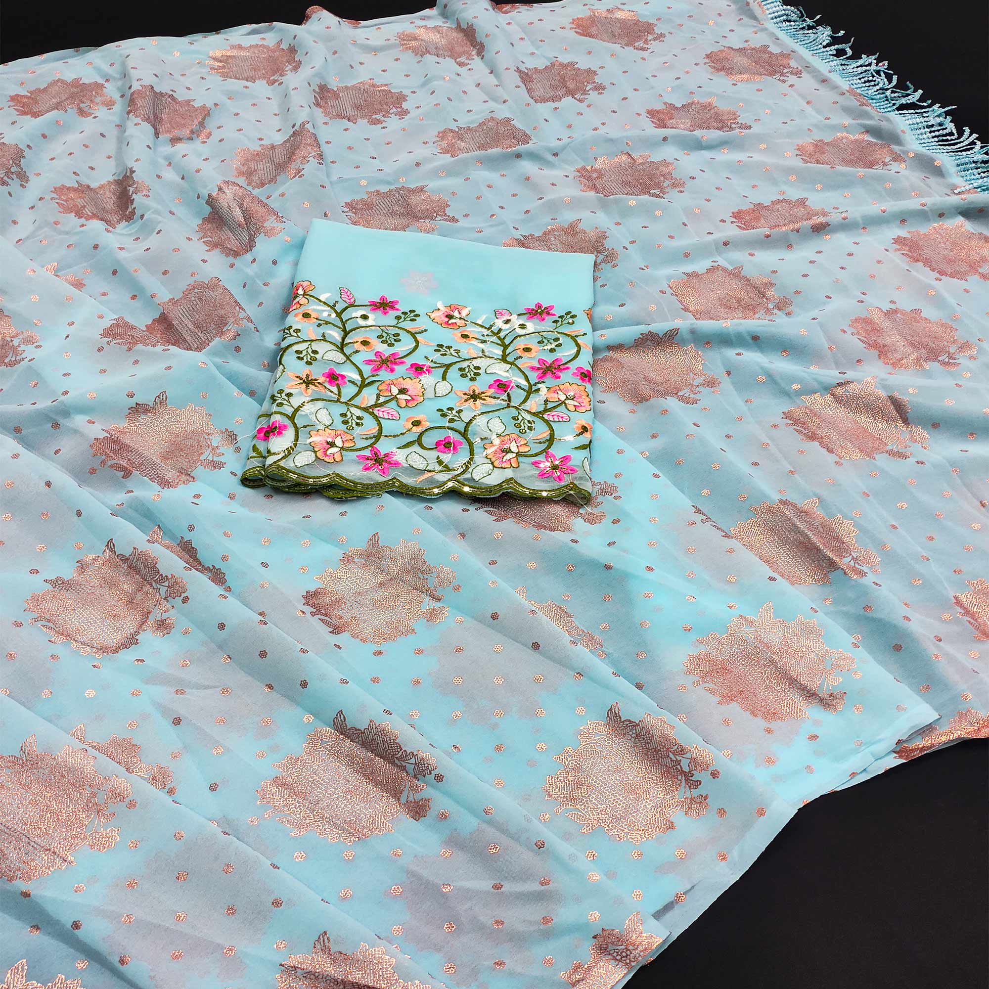 Sky Blue Floral Printed Georgette Saree
