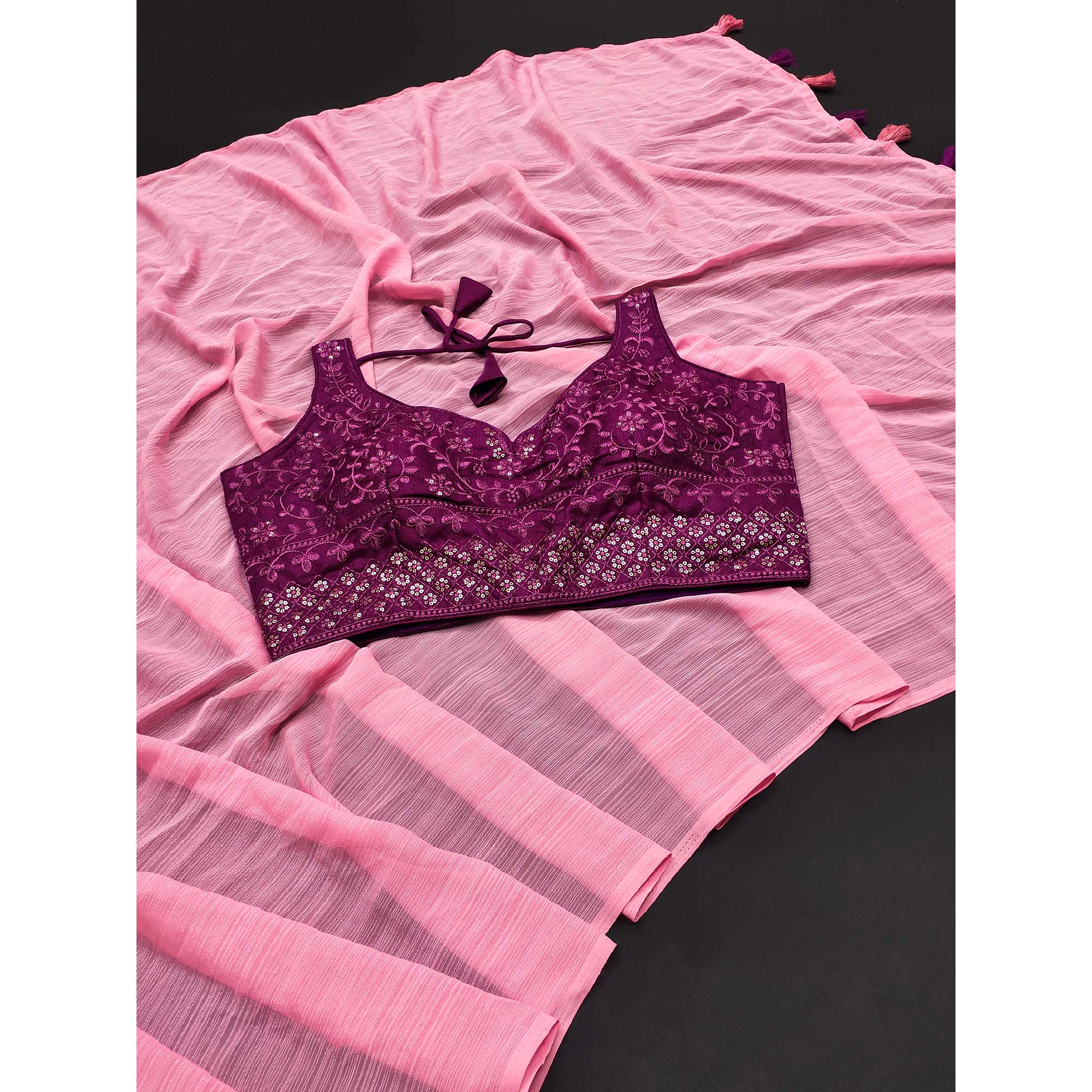 Pink Solid Chiffon Saree