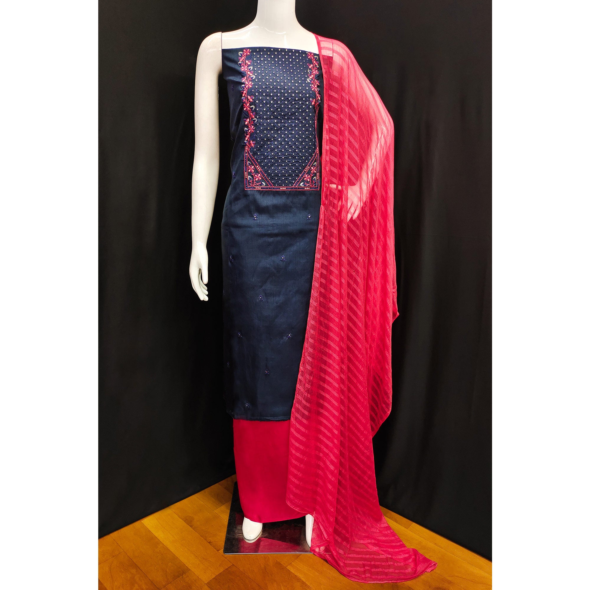 Navy Blue Embroidered Art Silk Dress Material