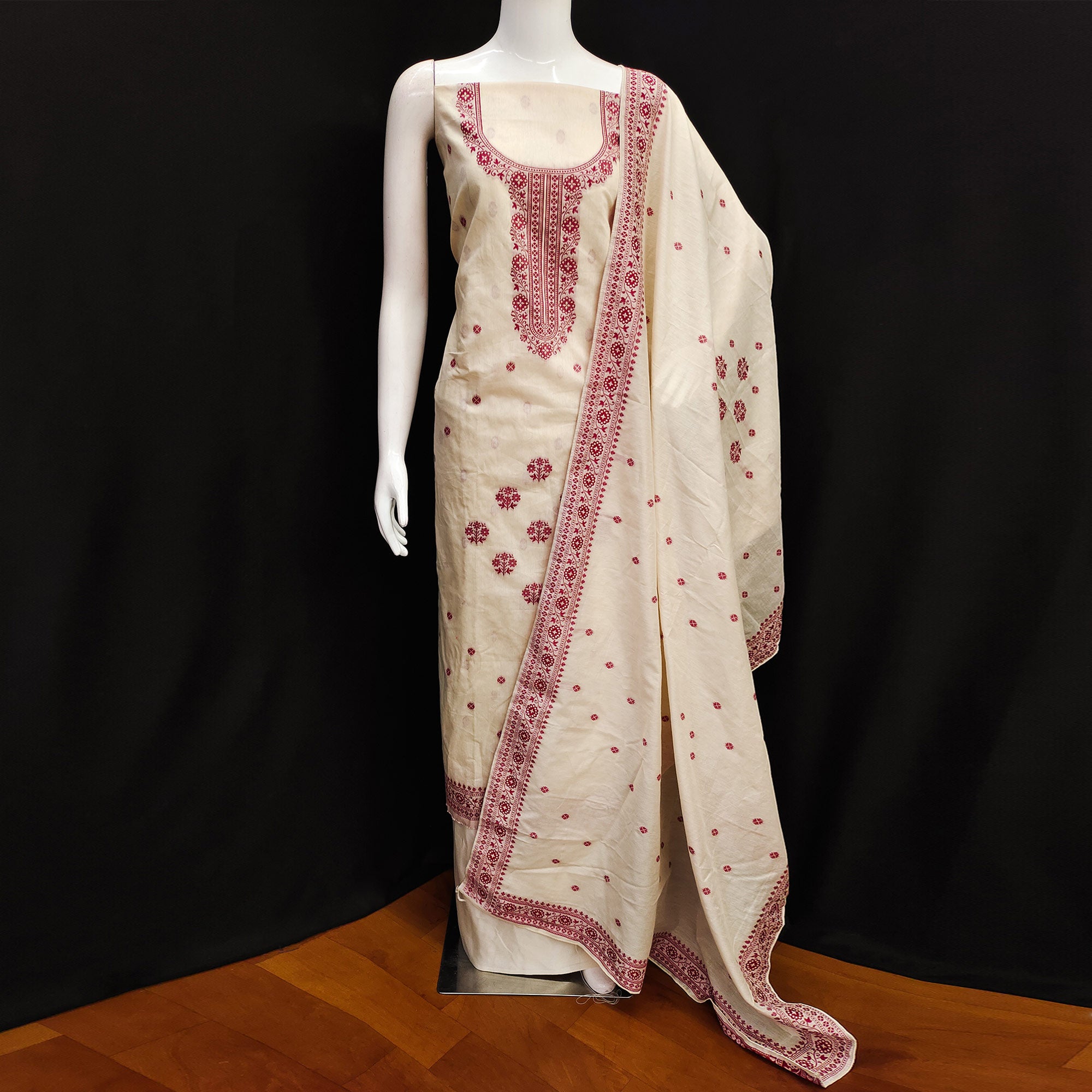 Off White Woven Pure Cotton Dress Material