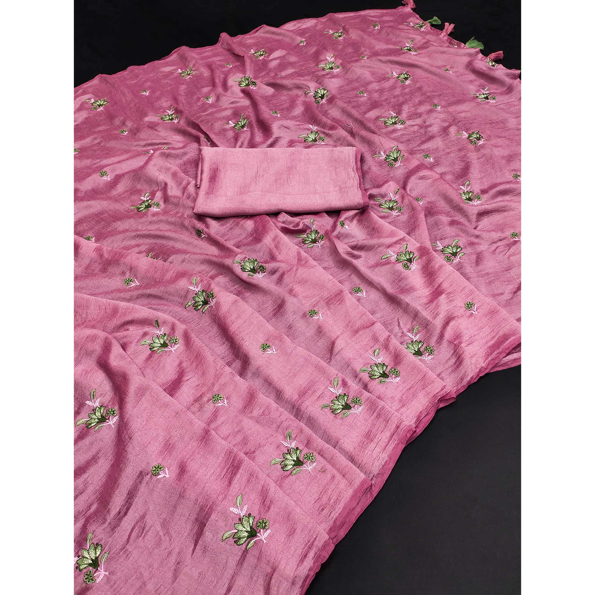 Pink Floral Embroidered Vichitra Silk Saree