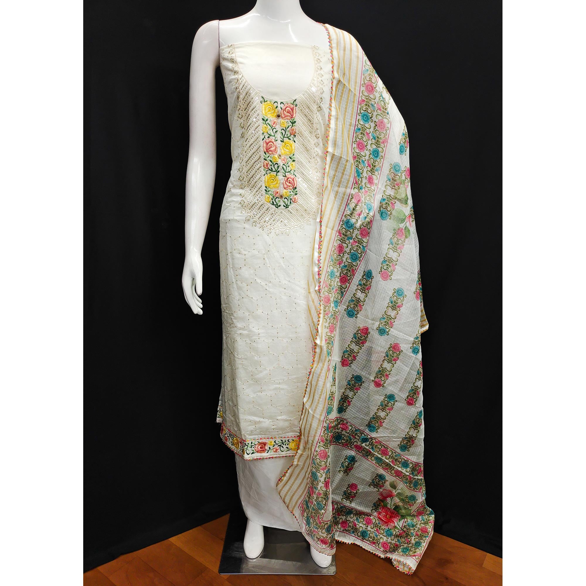 Off White & Yellow Embroidered Chanderi Dress Material
