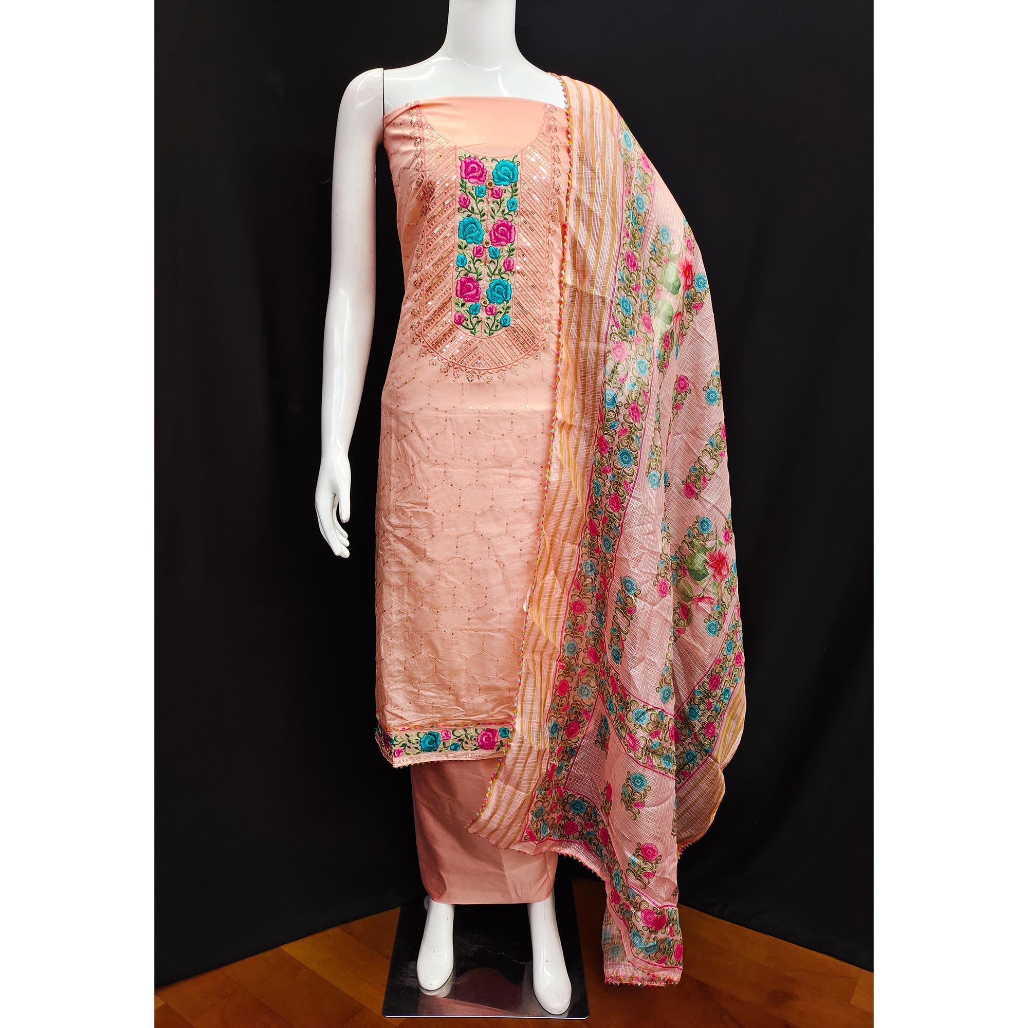 Peach Embroidered Chanderi Dress Material