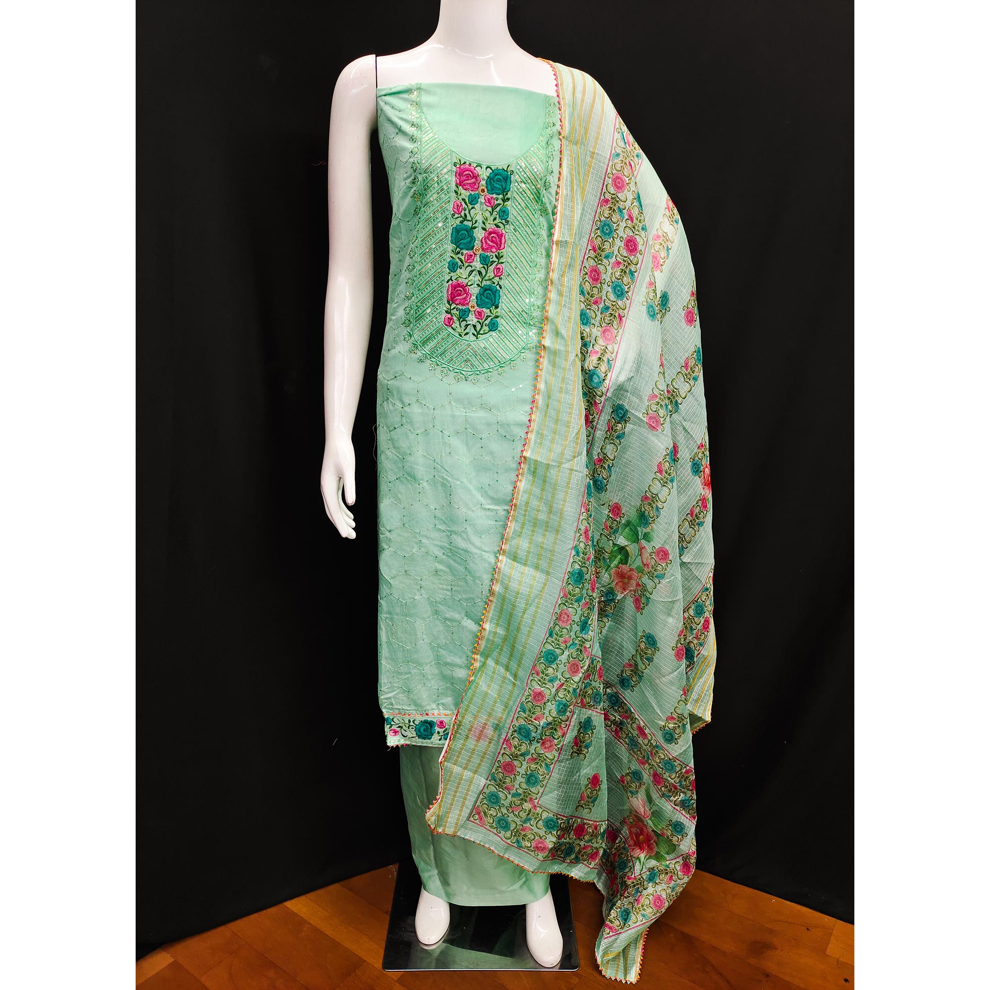 Turquoise Embroidered Chanderi Dress Material