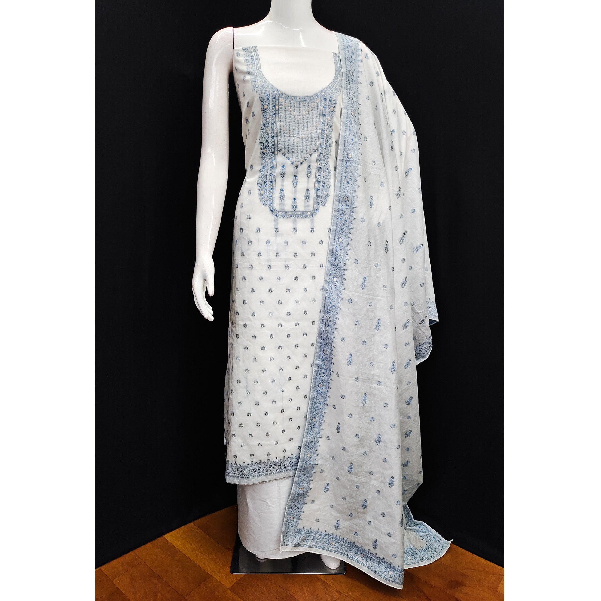 White & Blue Floral Woven Muslin Dress Material