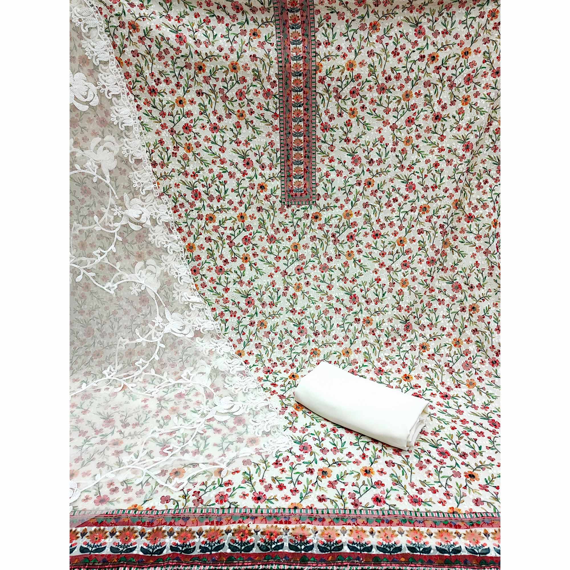 Off White Floral Embroidered Georgette Dress Material