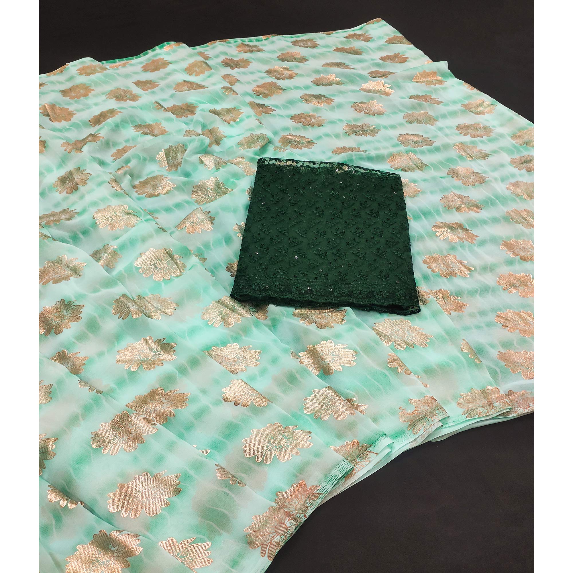 Sea Green Floral Foil Printed Georgette Saree