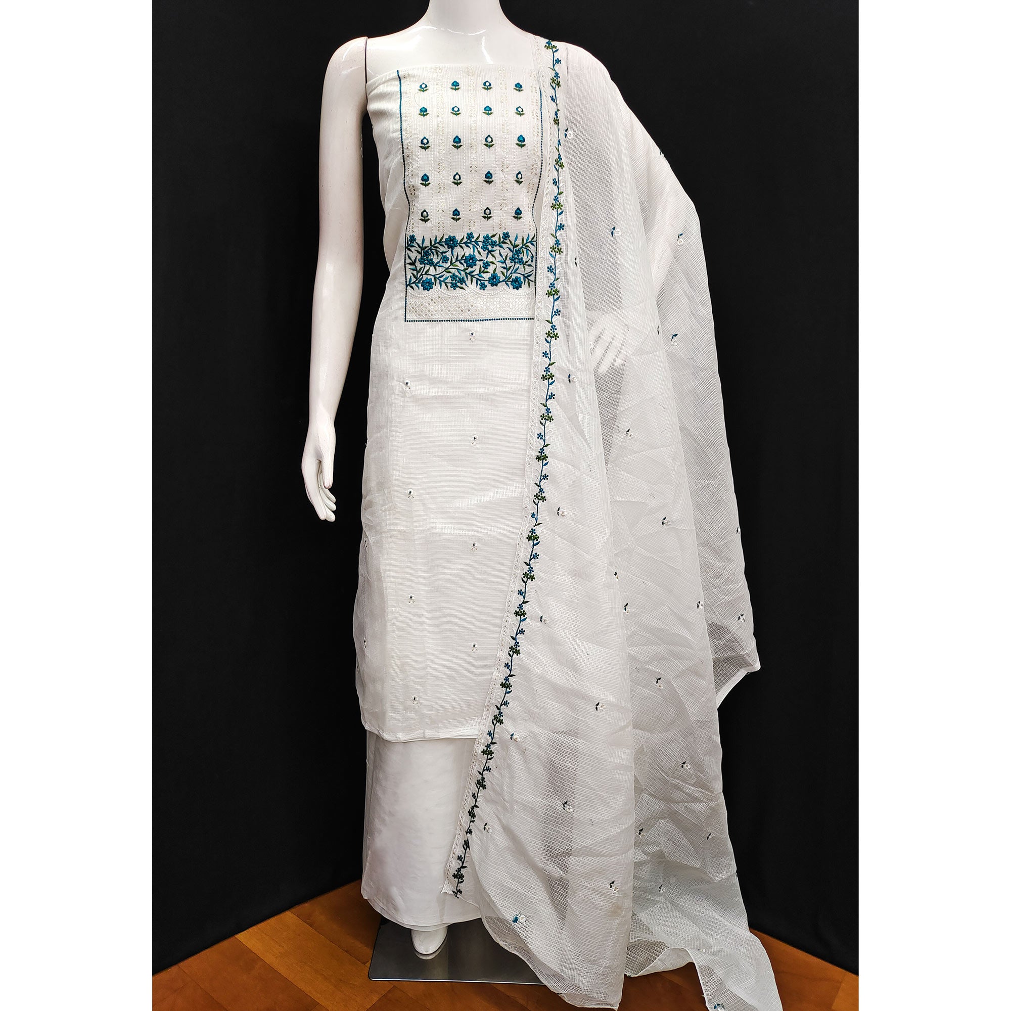 White & Teal Blue Floral Sequins Embroidered Kota Doria Dress Material