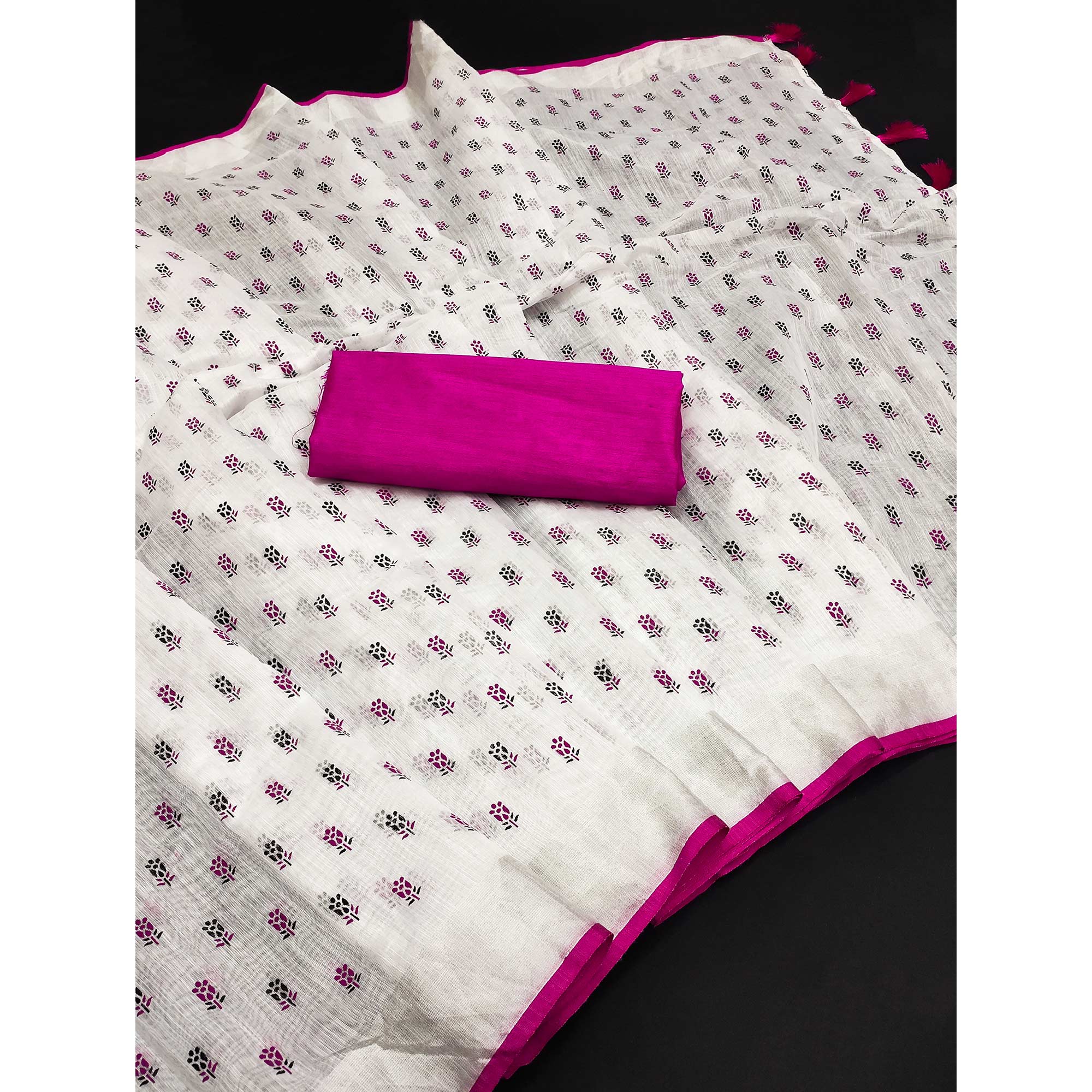 White & Pink Floral Printed Linen Saree With Tassels