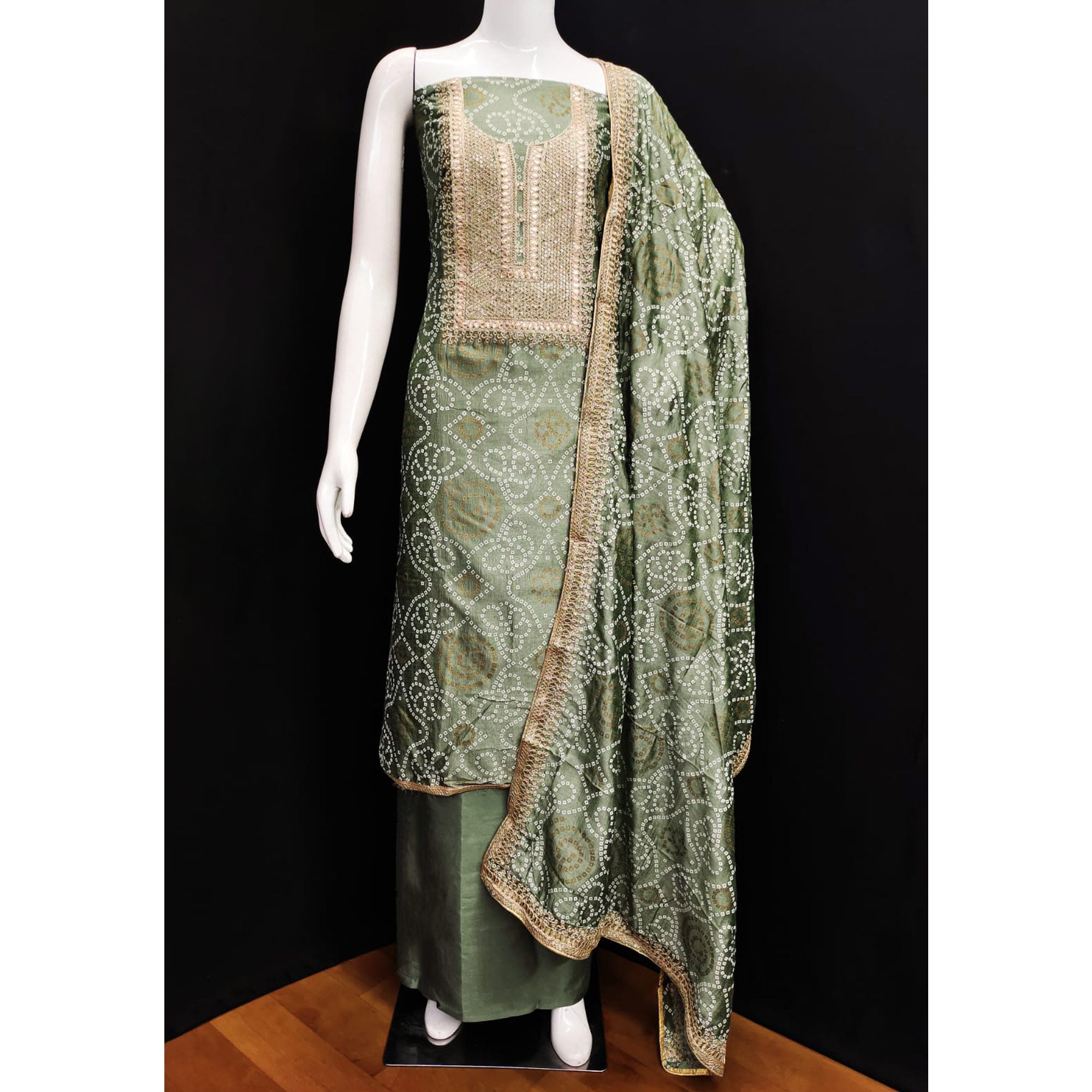 Mehendi Green Bandhani Printed With Embroidered Vichitra Silk Dress Material
