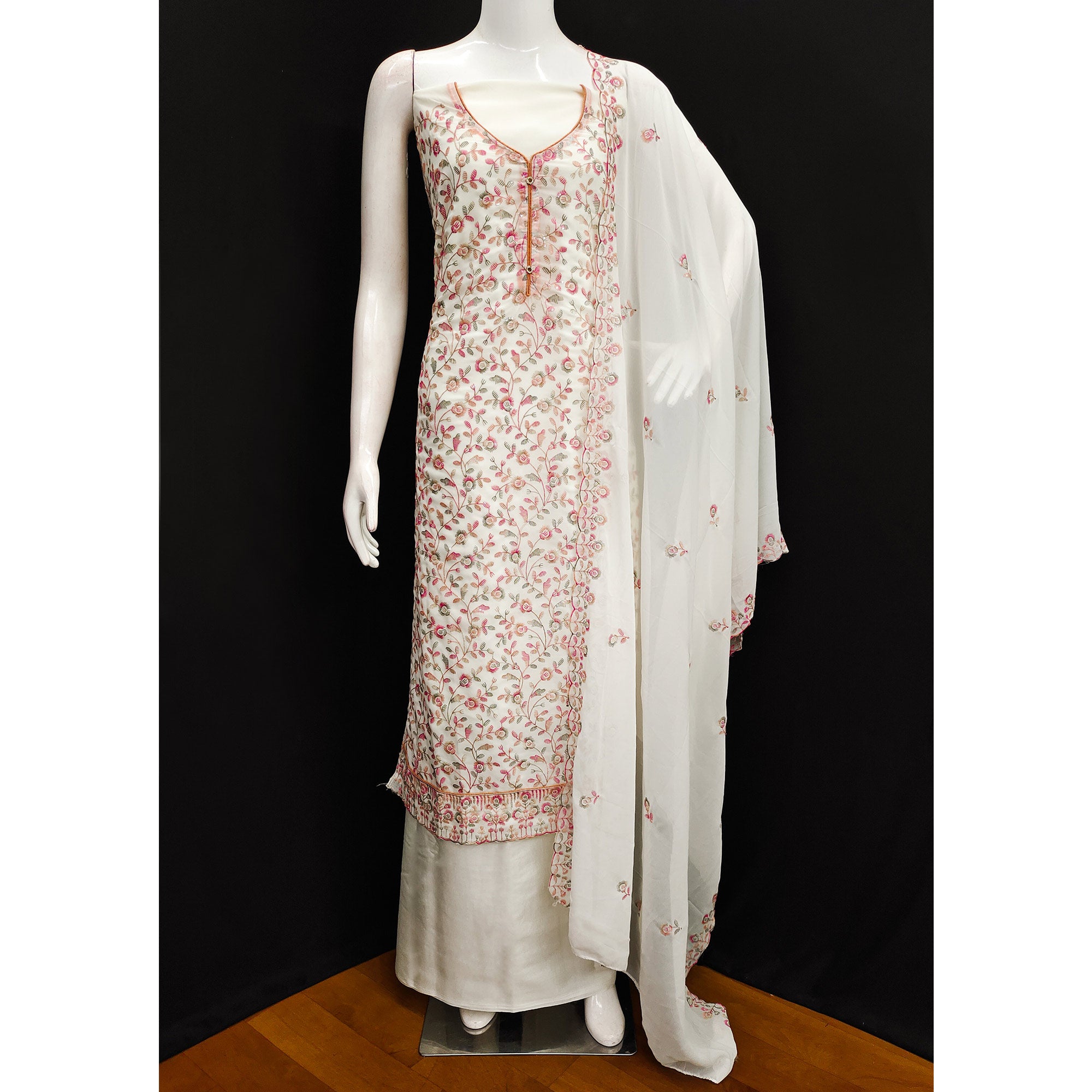 Off White Floral Embroidered Georgette Dress Material