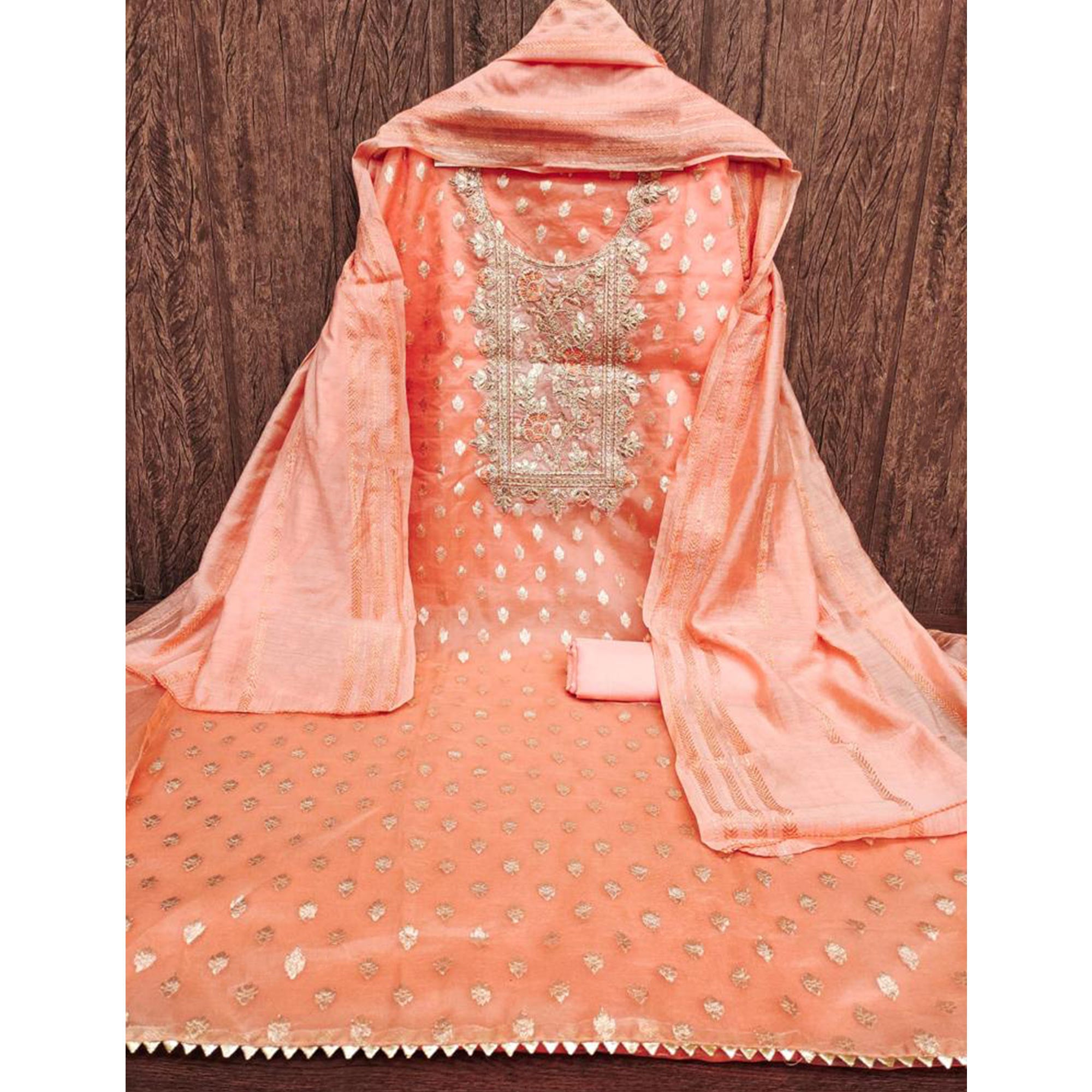 Orange Woven Jacquard Dress Material