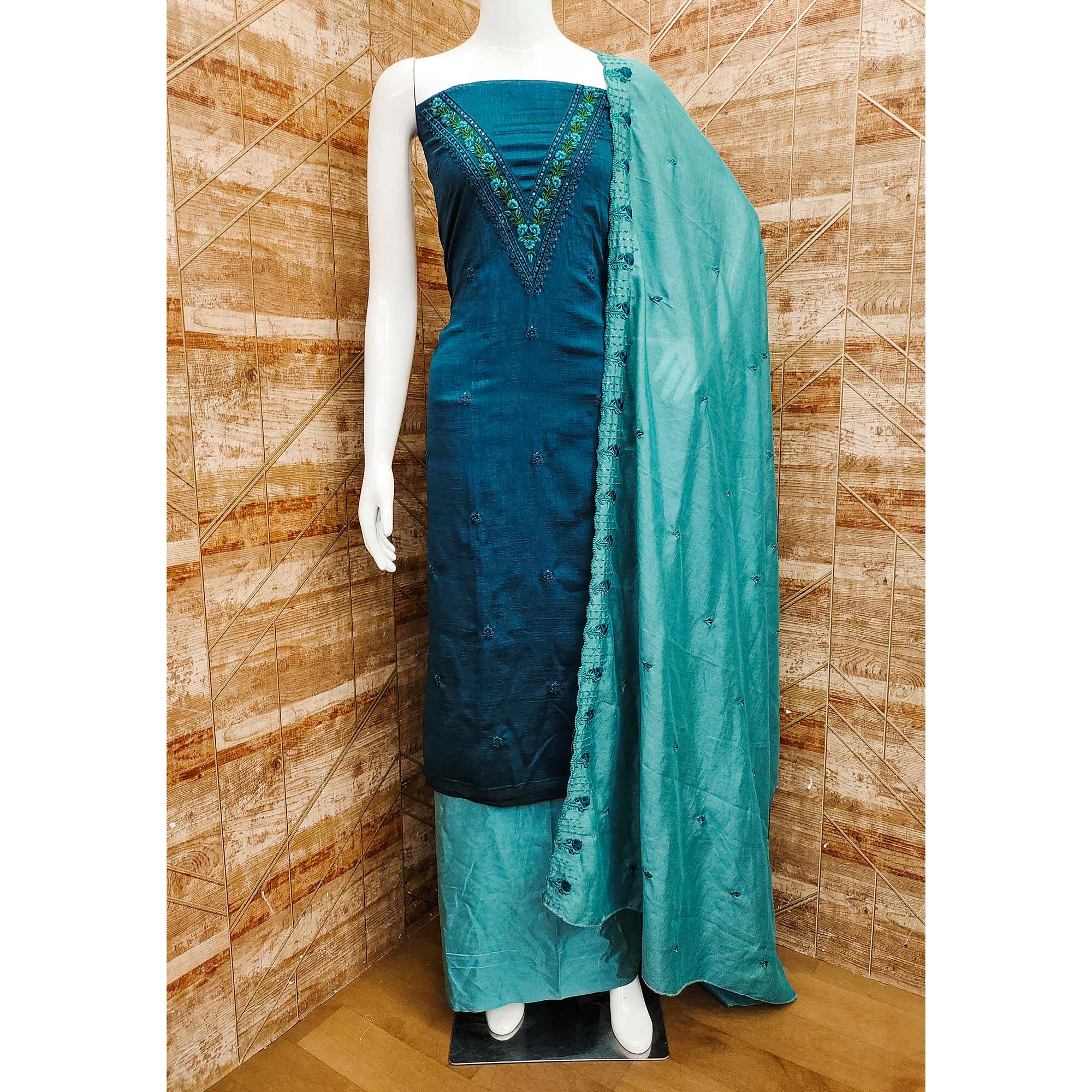 Teal Blue Floral Embroidered Vichitra Silk Dress Material