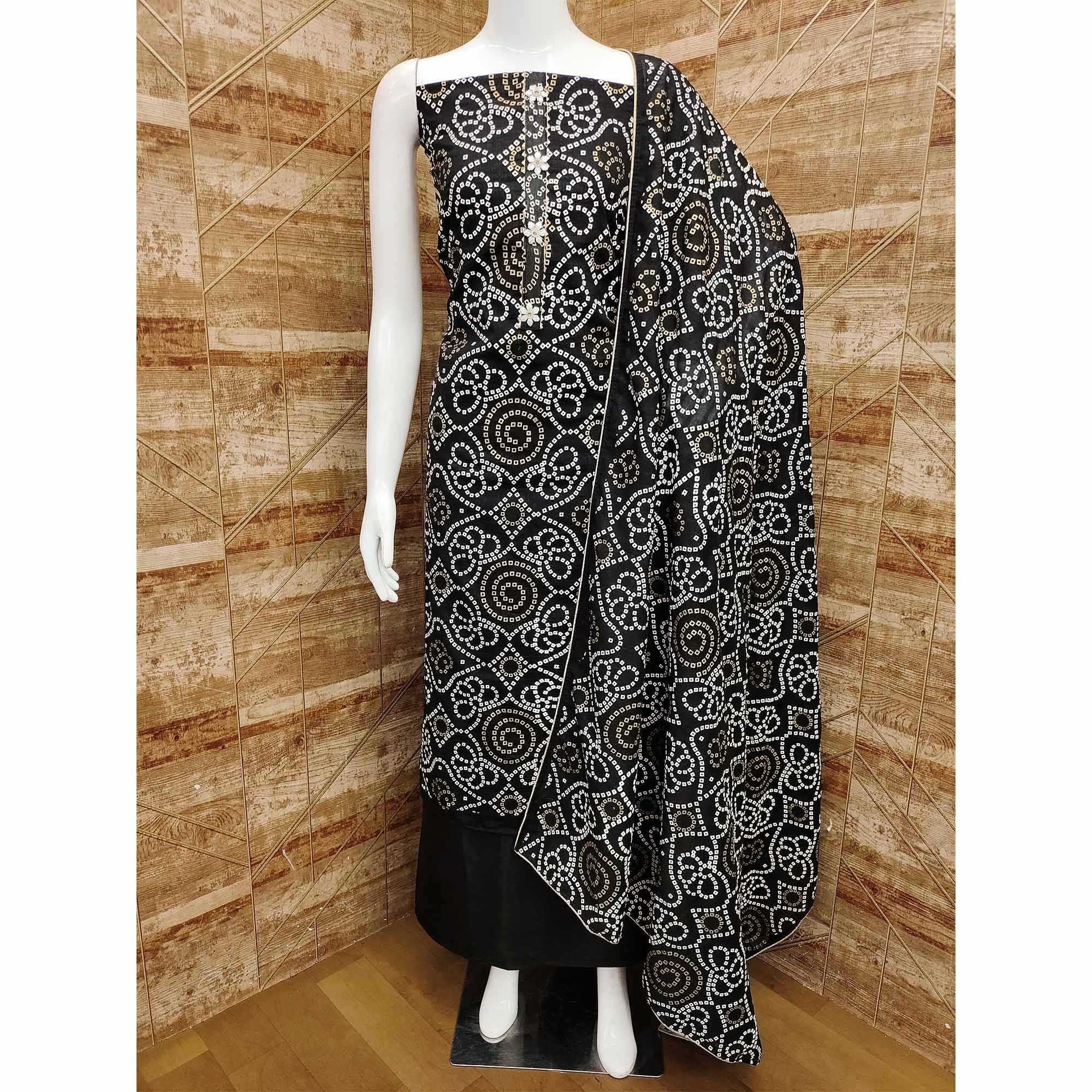 Black Bandhani Printed Vichitra Silk Dress Material