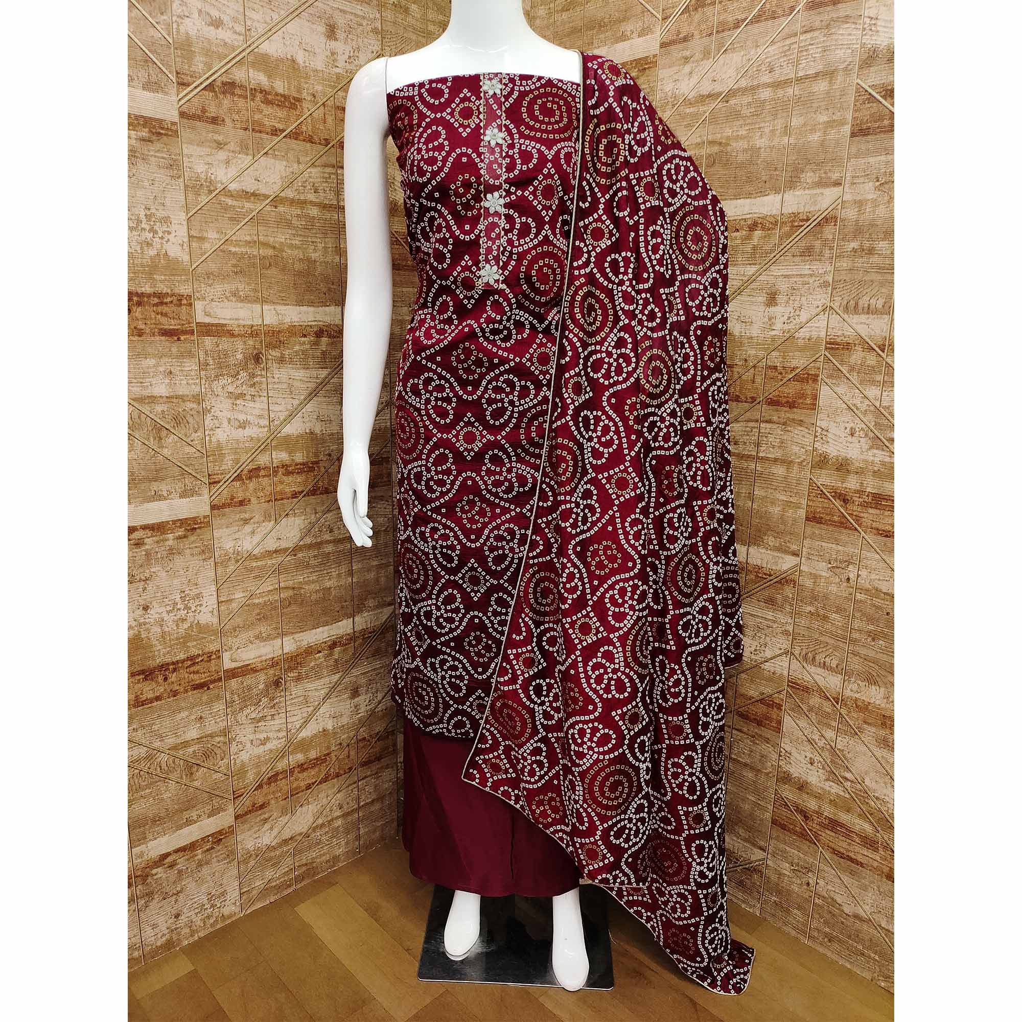 Maroon Bandhani Printed Vichitra Silk Dress Material