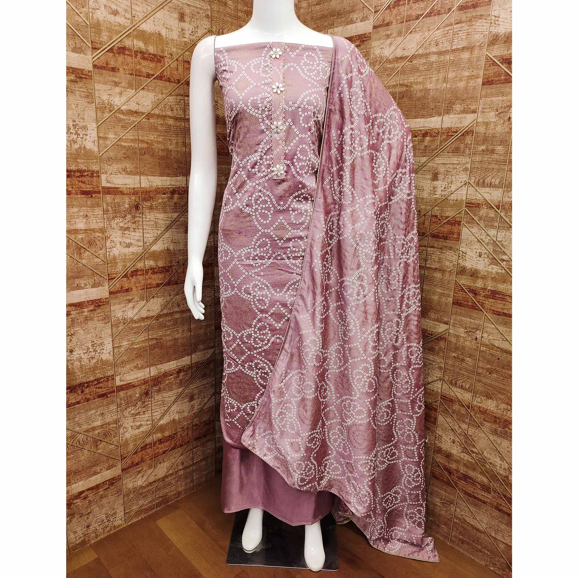 Mauve Bandhani Printed Vichitra Silk Dress Material