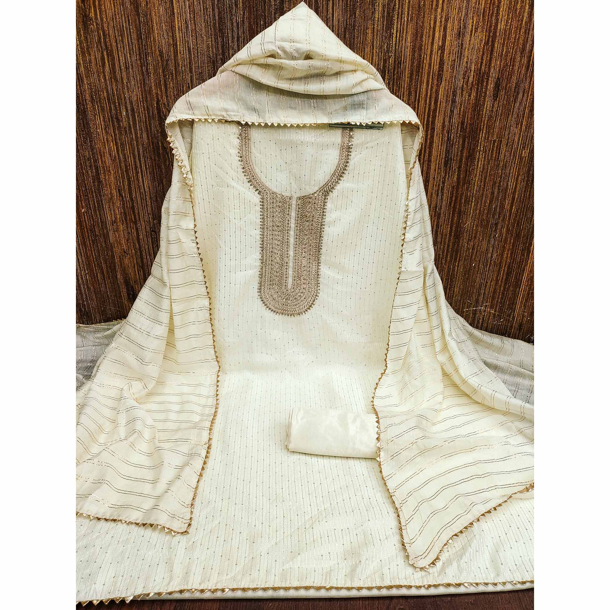 Off White Embroidered Chanderi Dress Material