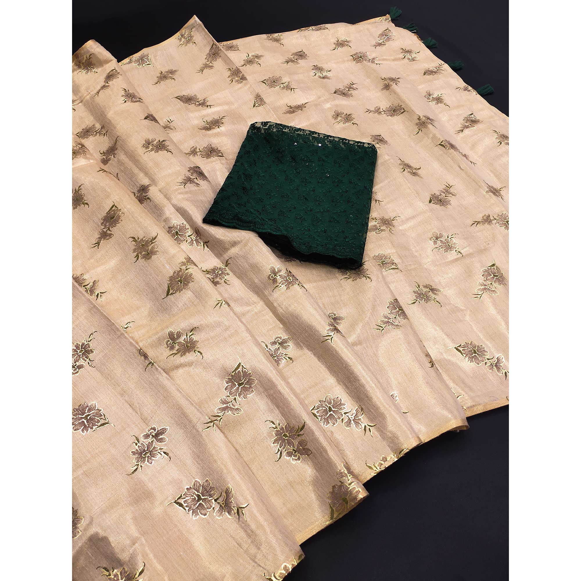 Beige Floral Foil Art Silk Printed Saree With Tassels