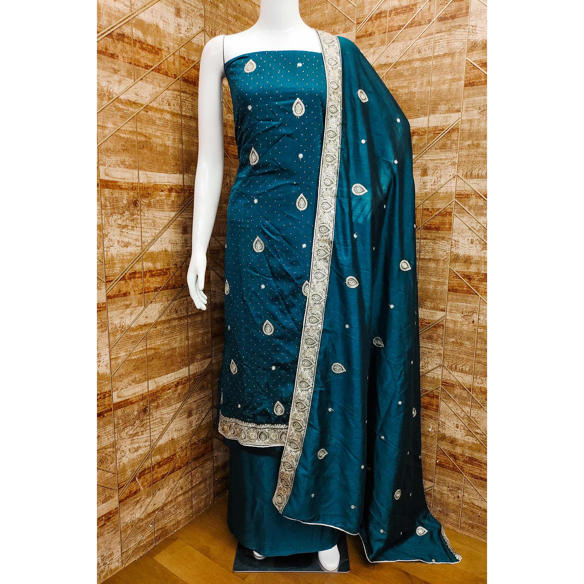Teal Blue Embroidered Vichitra Silk Dress Material