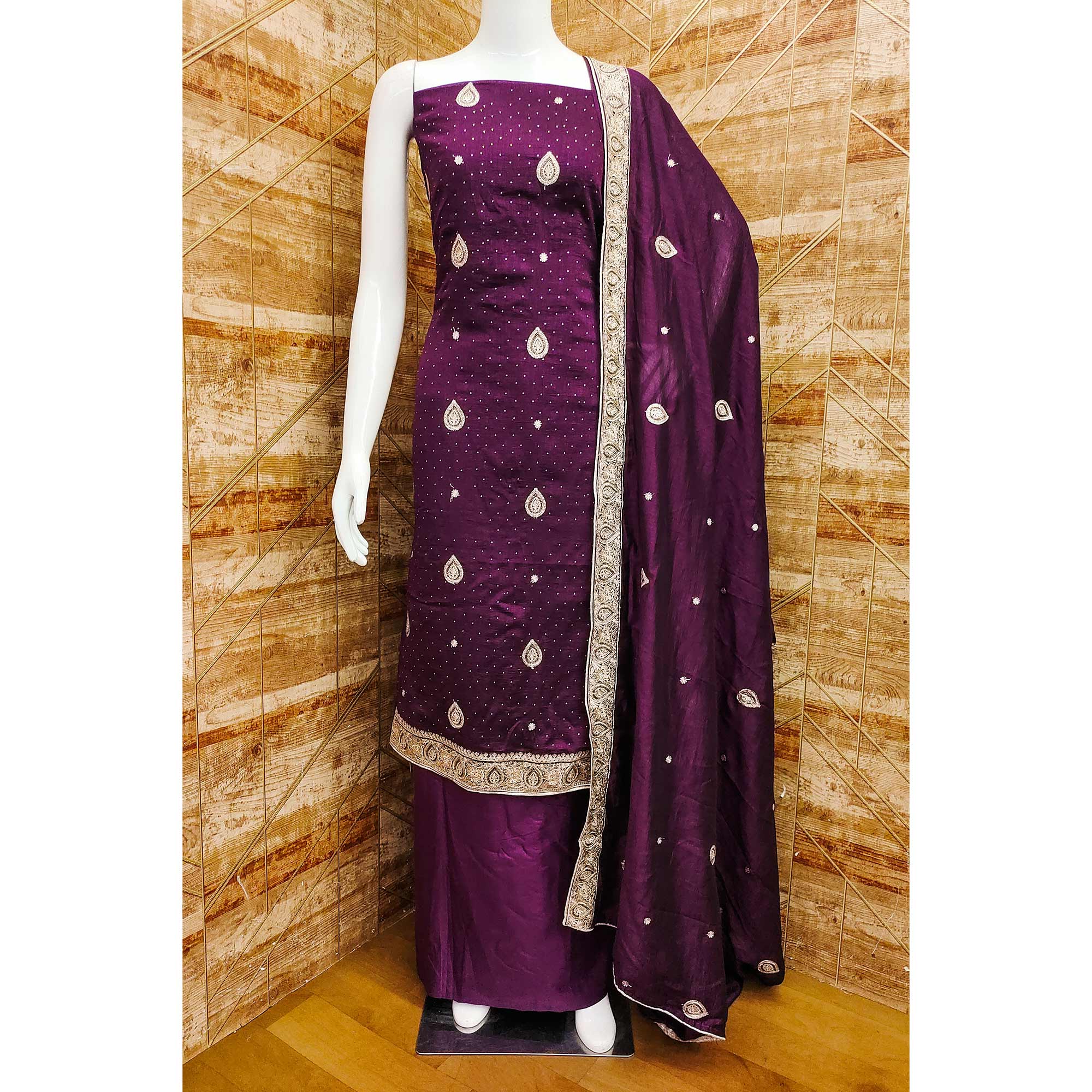 Wine Embroidered Vichitra Silk Dress Material