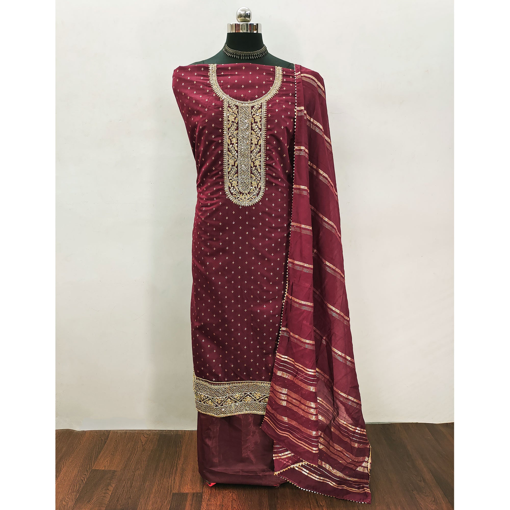 Maroon Butti With Embroidered Chanderi Silk Dress Material