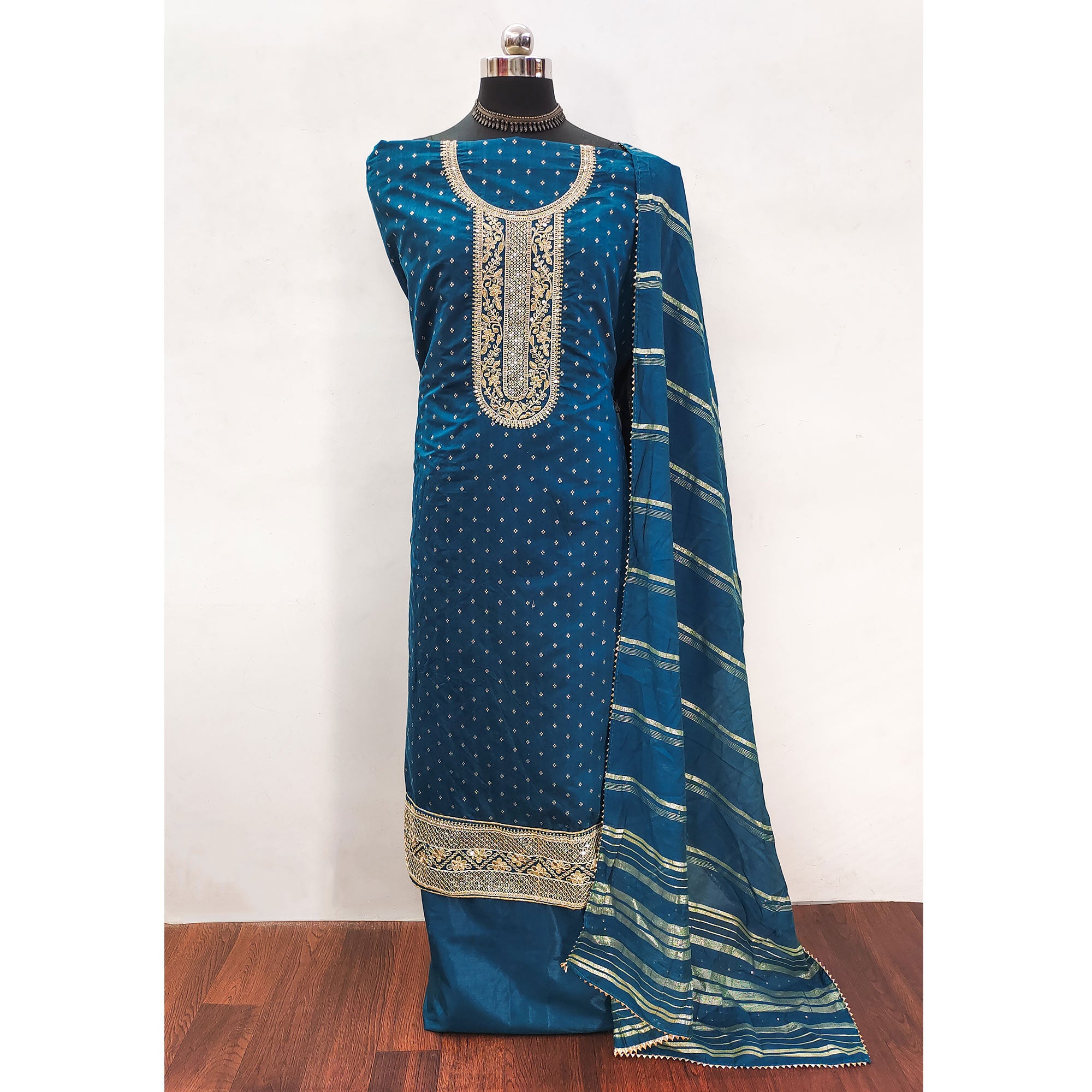 Teal Butti With Embroidered Chanderi Silk Dress Material