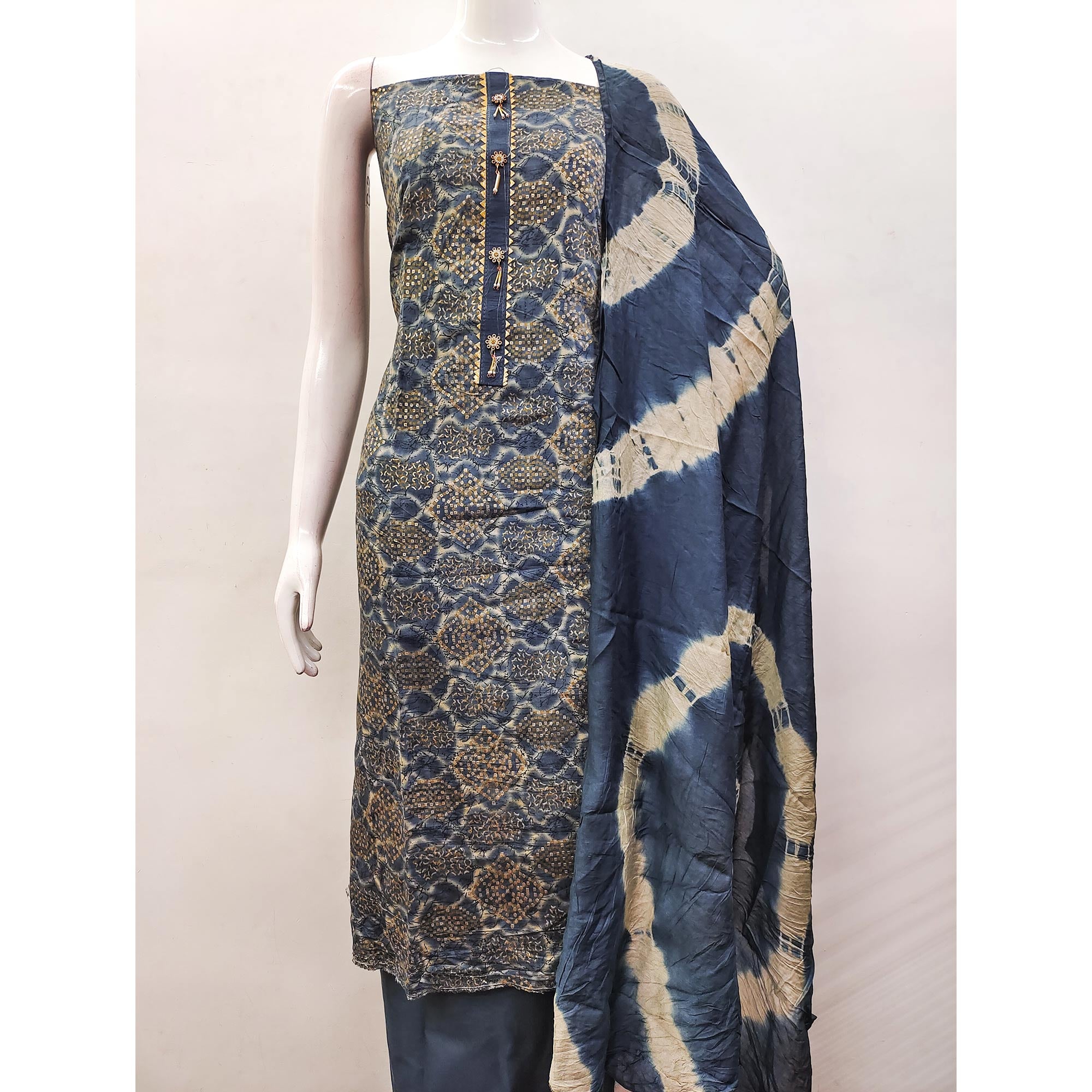 Blue Bandhani Printed Viscose Dress Material