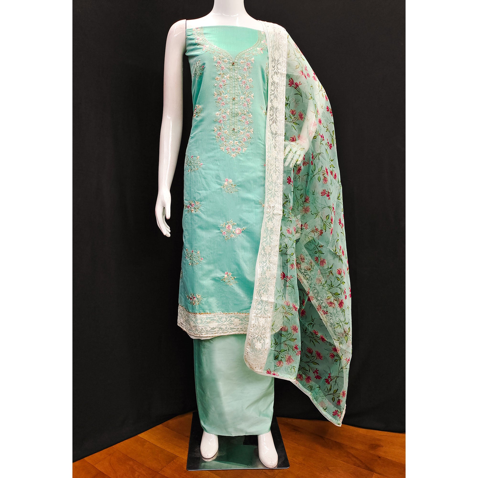 Turquoise Floral Embroidered Chanderi Silk Dress Material