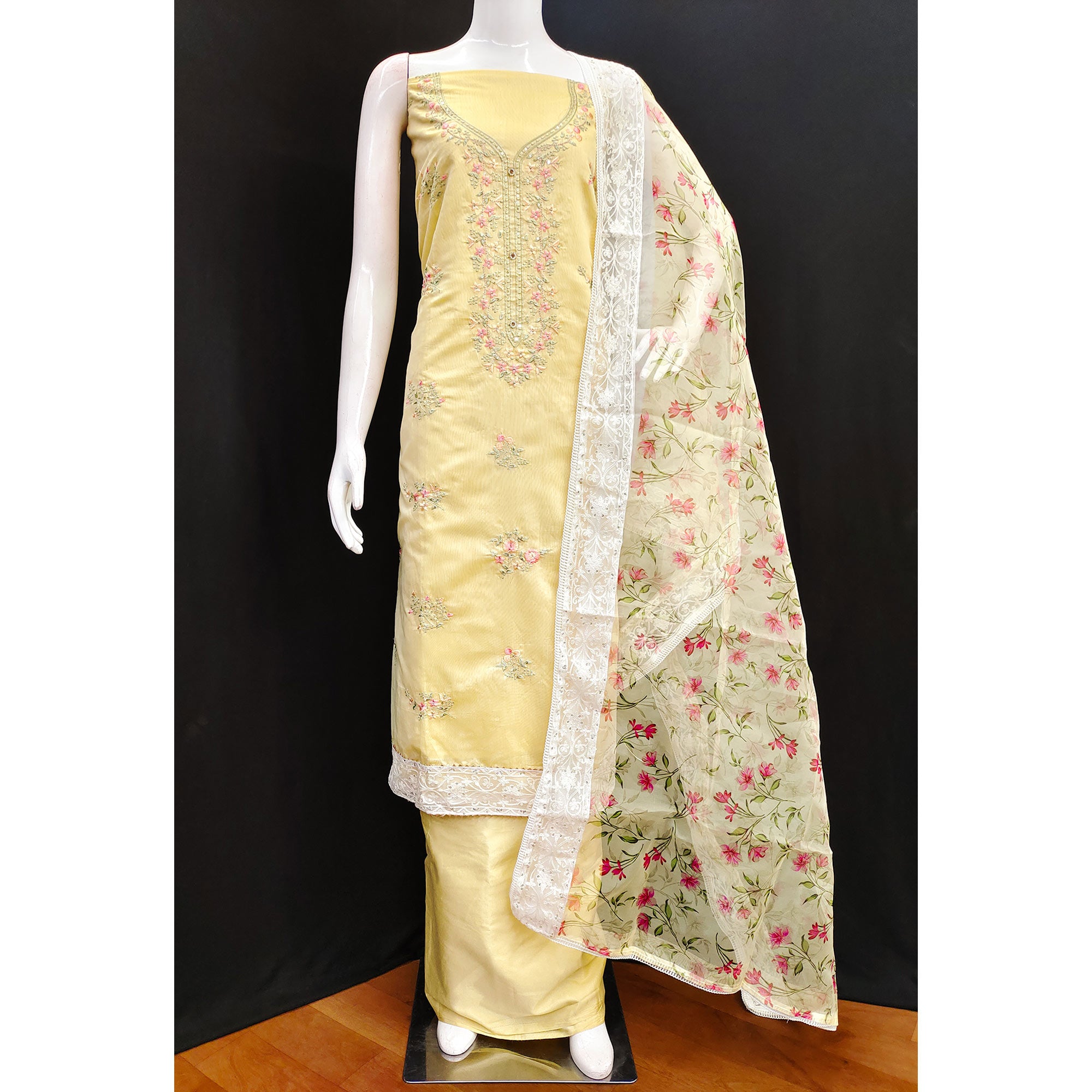 Yellow Floral Embroidered Chanderi Silk Dress Material