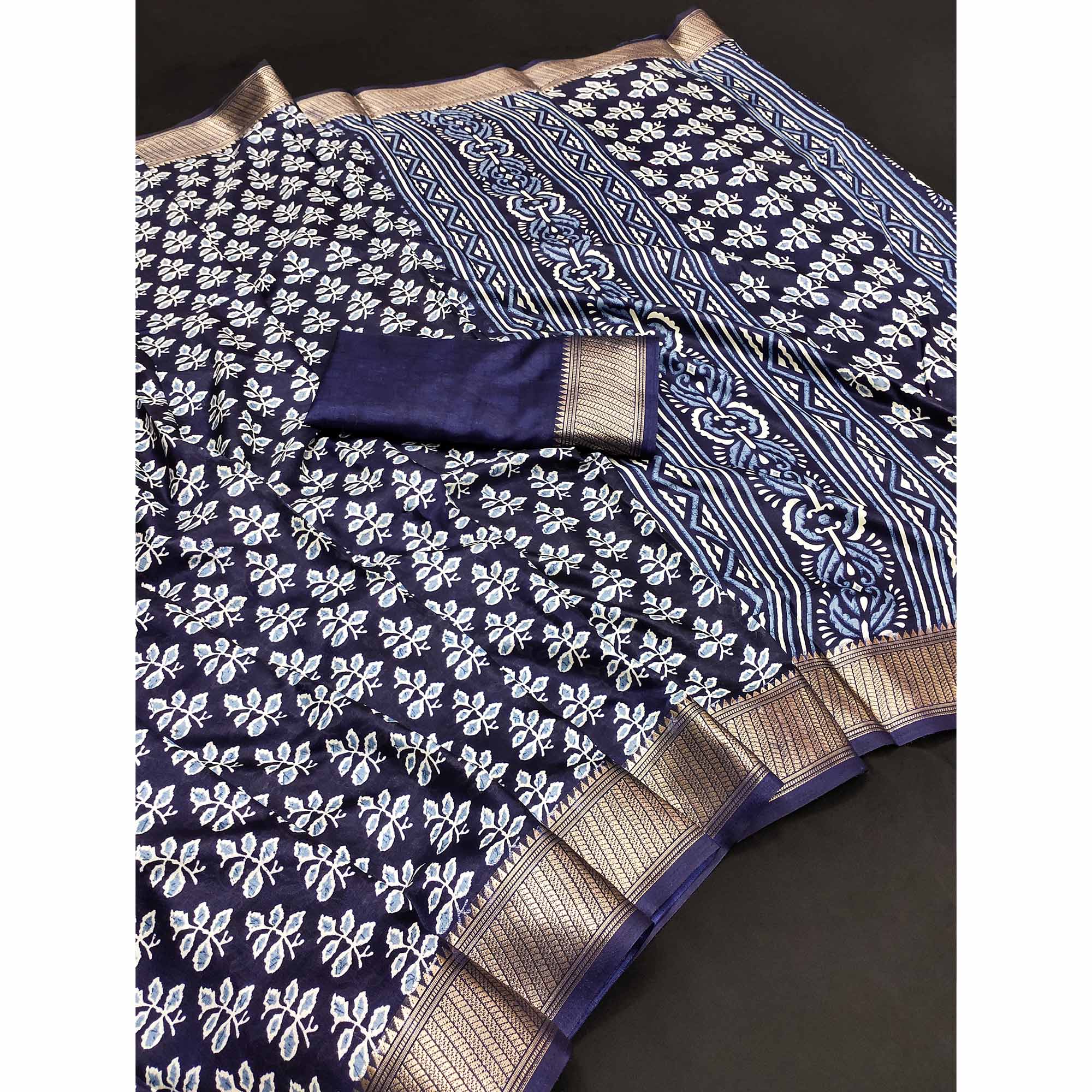 Blue Floral Printed Dola Silk Saree