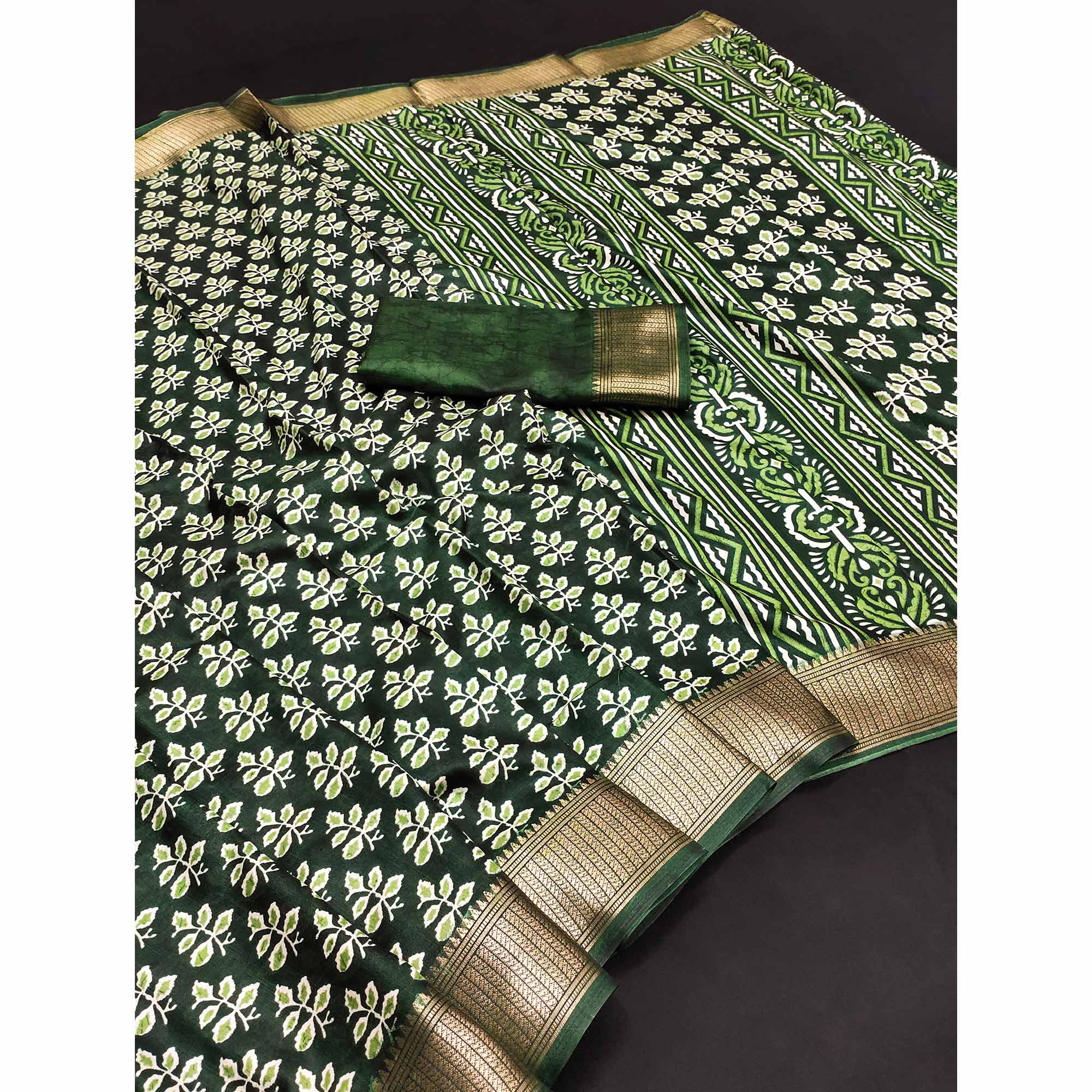 Green Floral Printed Dola Silk Saree