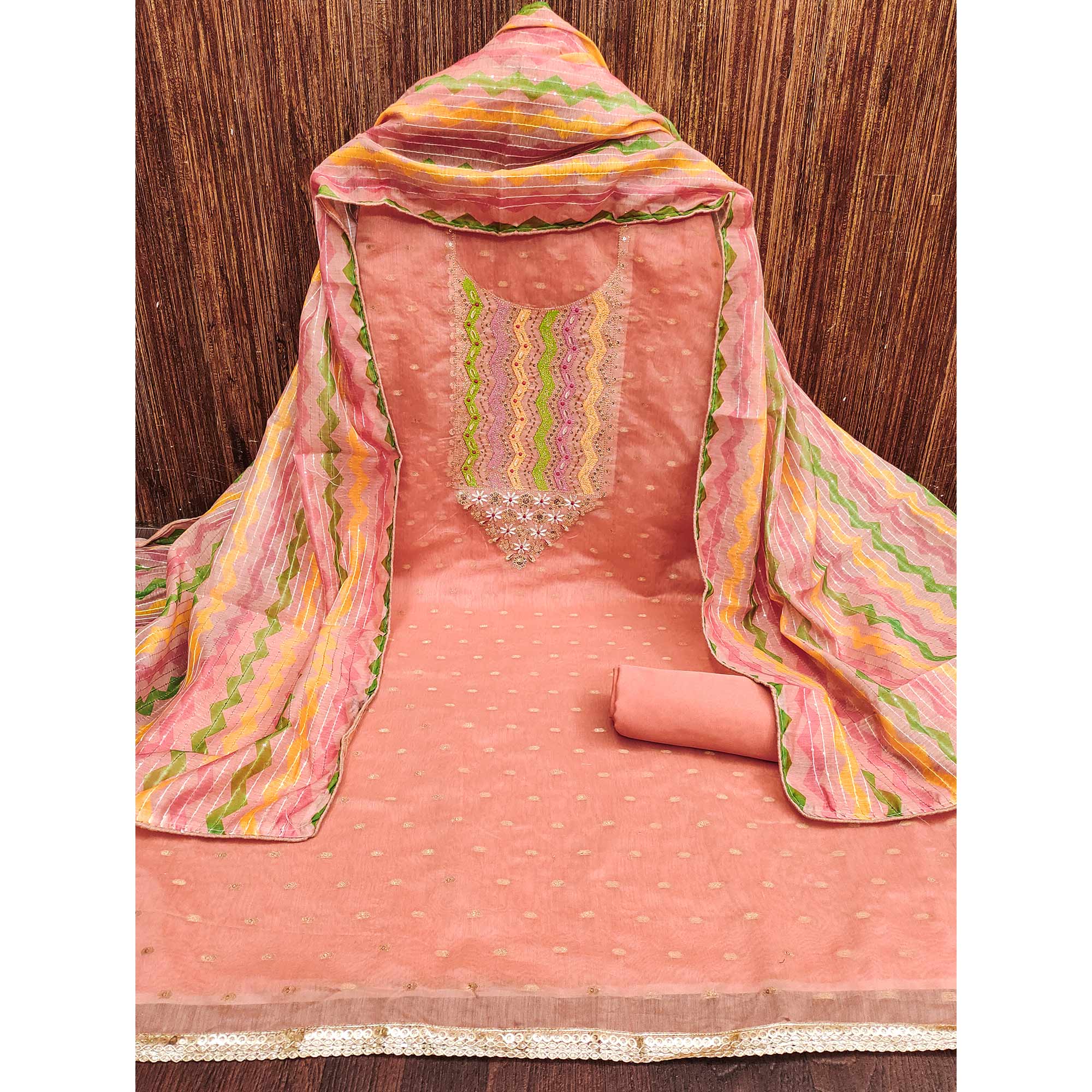Peach Woven Chanderi Dress Material