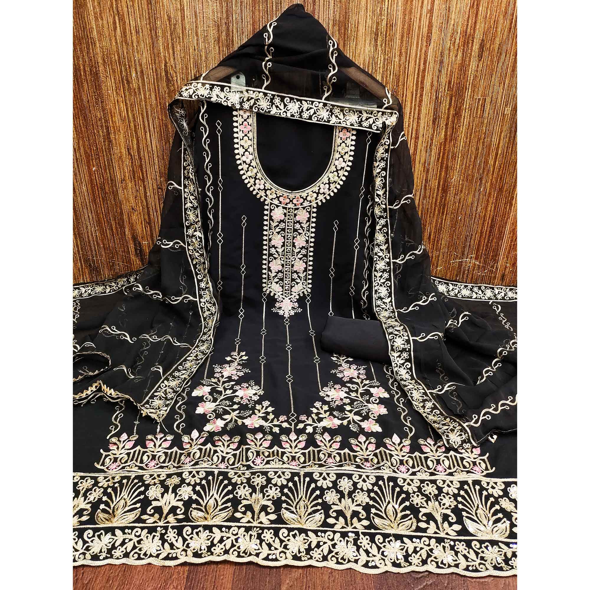 Black Embroidered Georgette Dress Material