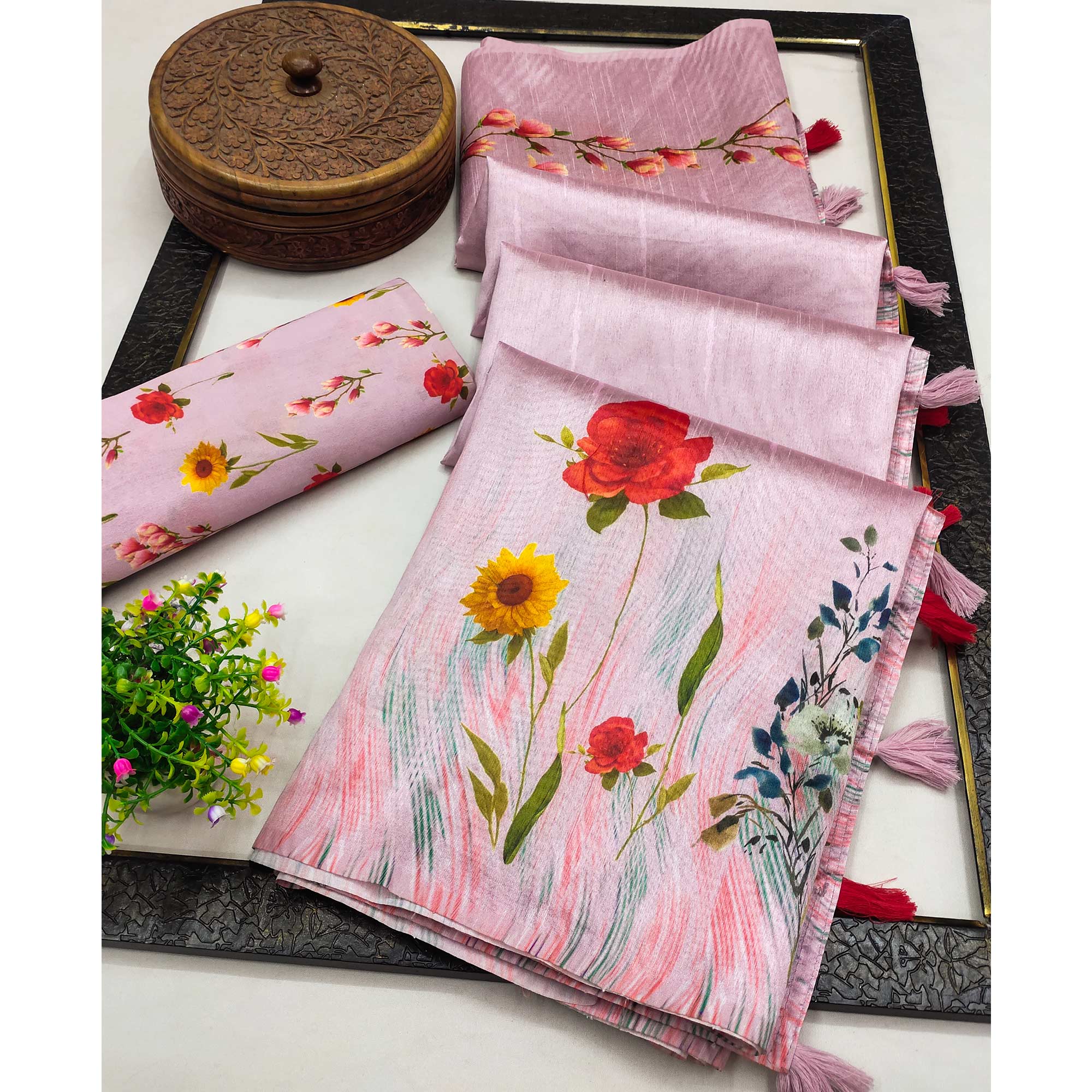 Pink Floral Digital Printed Assam Silk Saree With Tassels