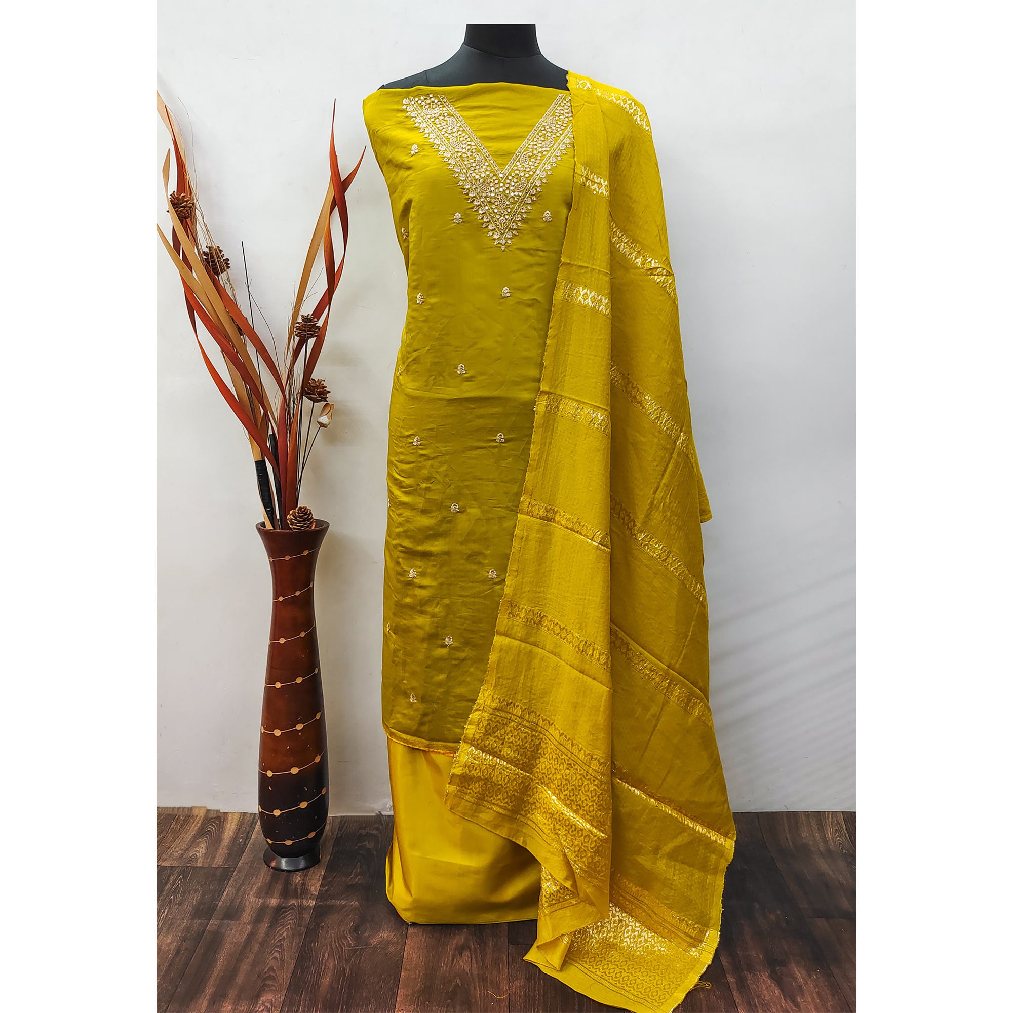 Mustard Floral Embroidered Viscose Dress Material