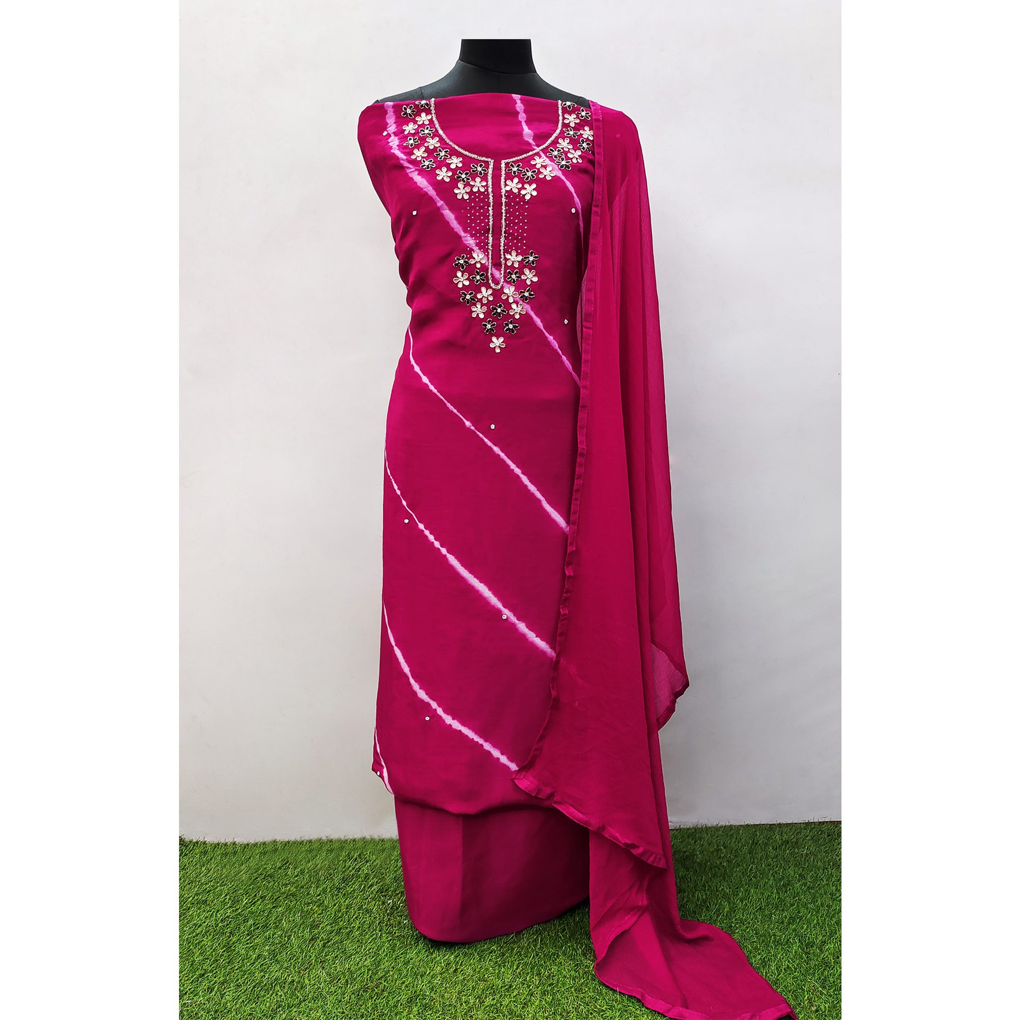 Pink Handwork Embroidery With Leheriya Printed Viscose Dress Material