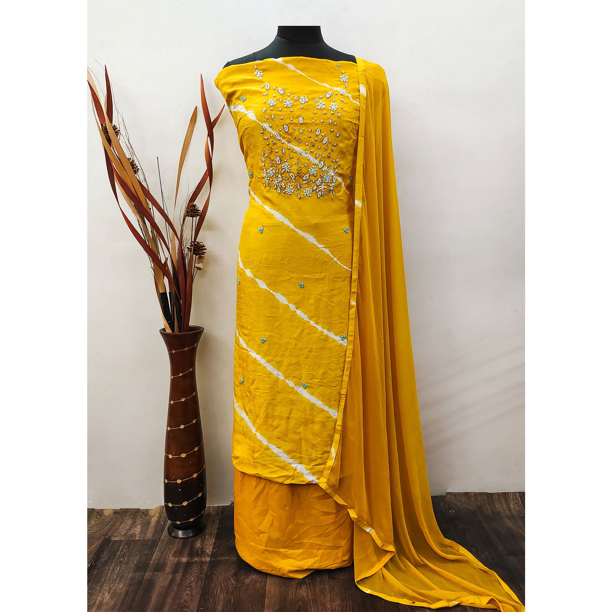 Yellow Handwork Embroidery With Leheriya Printed Viscose Dress Material