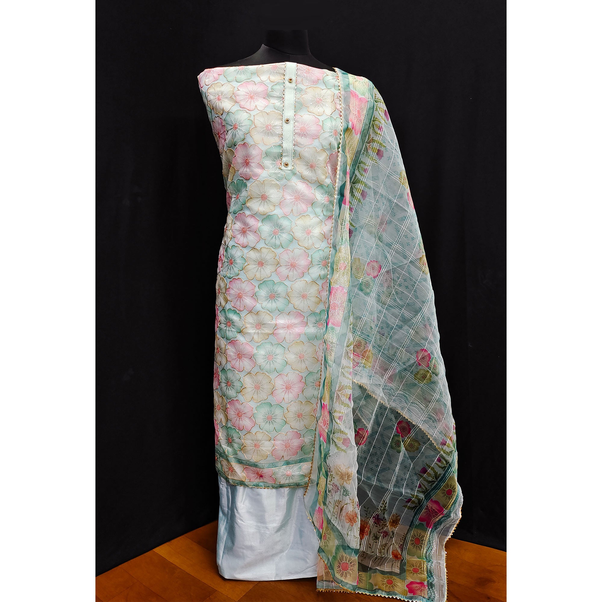 Light Turquoise Floral Printed Organza Dress Material